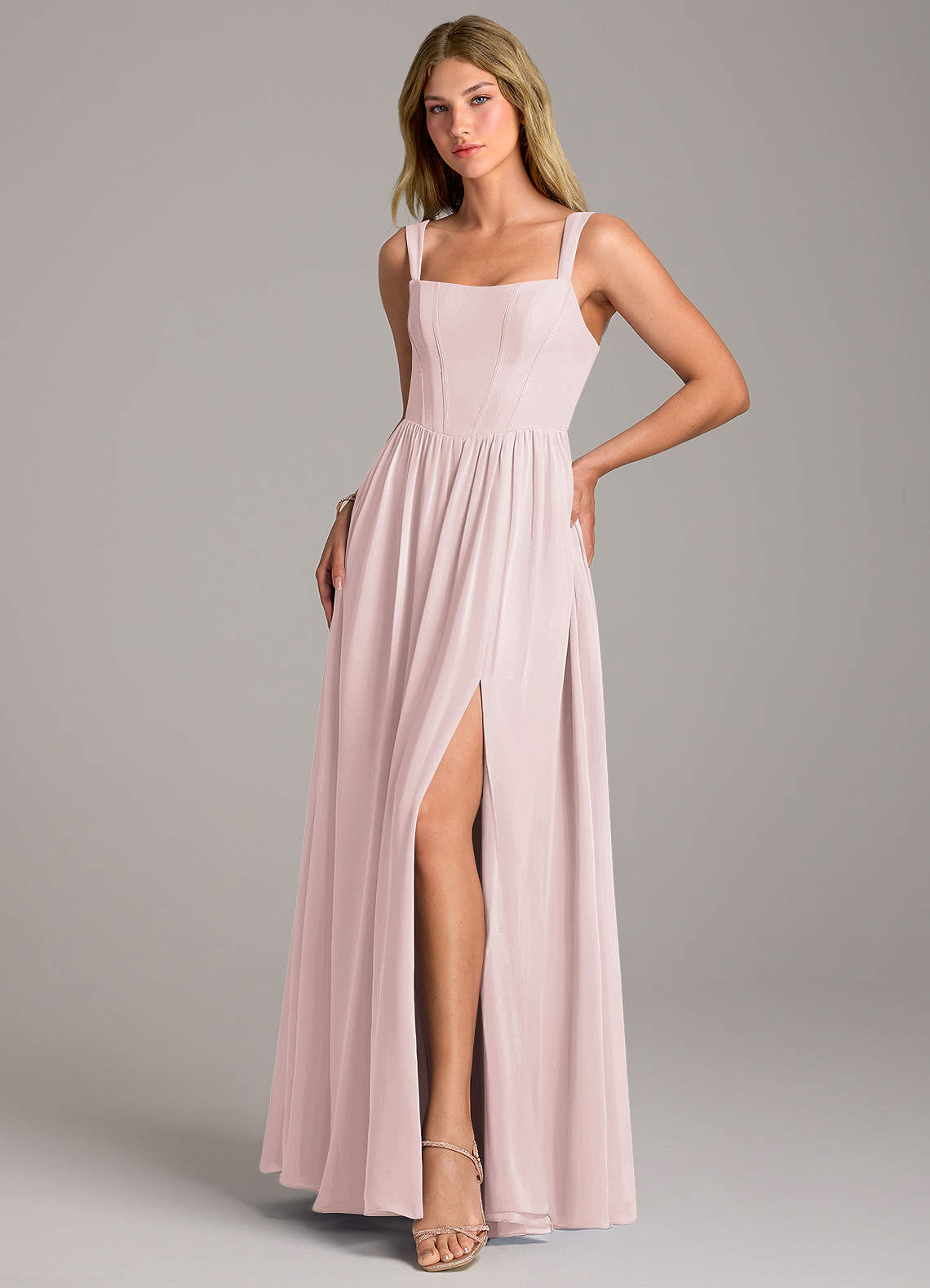 Rosaline A-Line Square-Neck Chiffon Bridesmaid Dress in Blushing Pink