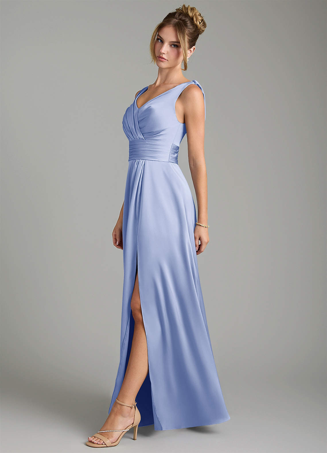 Karina A-Line V-Neck Stretch Satin Bridesmaid Dress in Ice