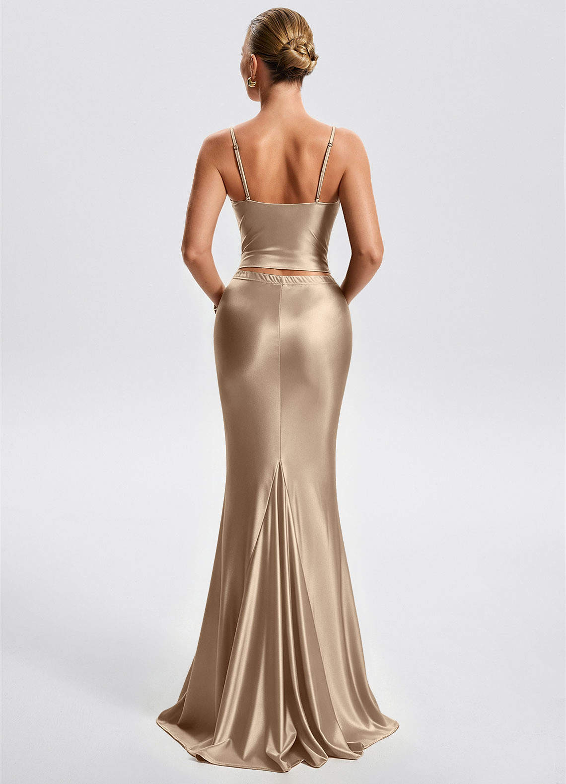 Fernley Mermaid Corset Stretch Satin Evening Dress in Champagne