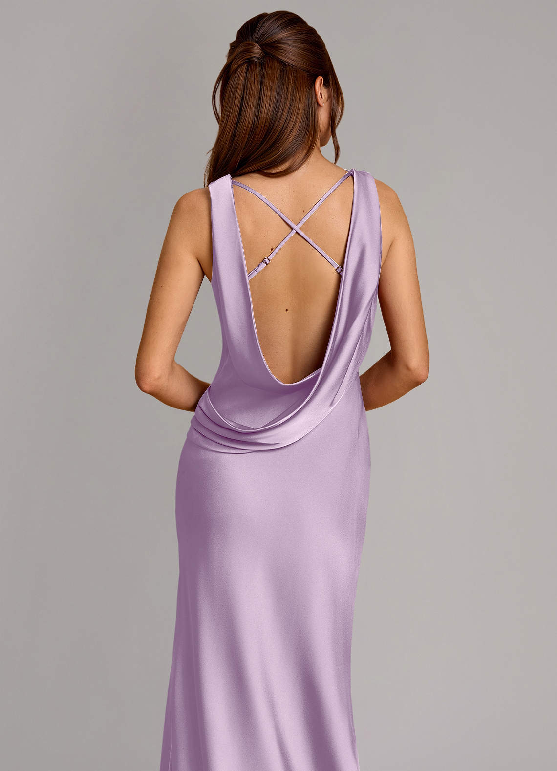 Cheryl Mermaid Cowl-Neck Stretch Satin Bridesmaid Dress in Frosted Lilac