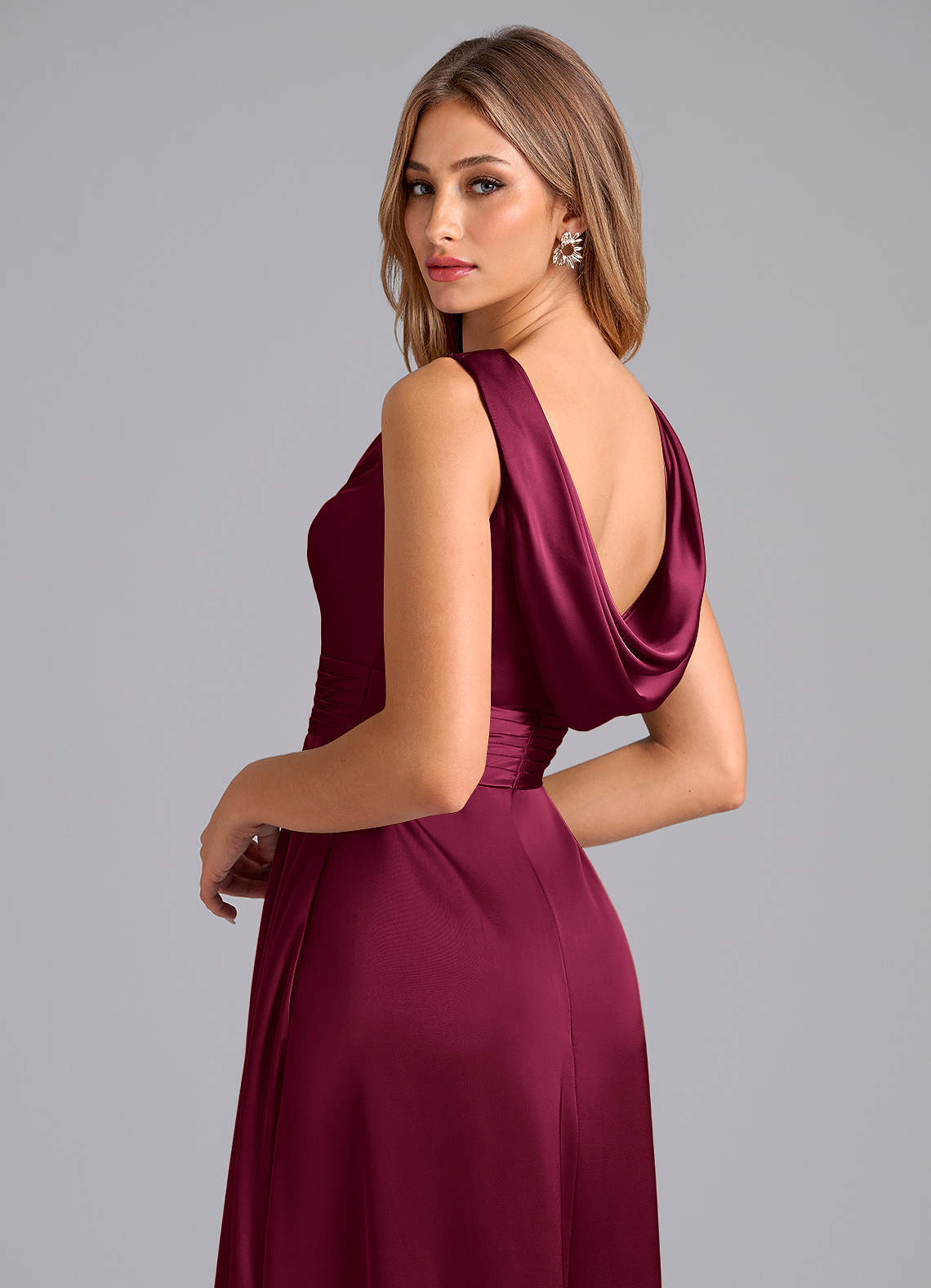 Karina A-Line V-Neck Stretch Satin Bridesmaid Dress in Burgundy