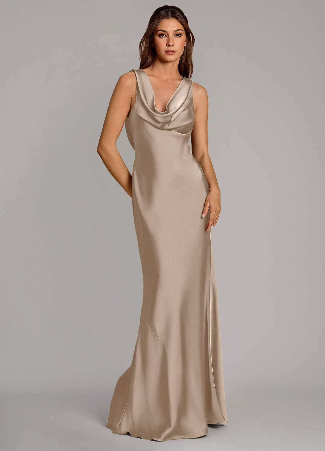 Cheryl Mermaid Cowl-Neck Stretch Satin Bridesmaid Dress in Taupe