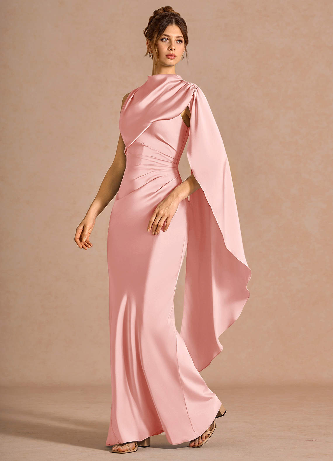 Chesney Cape-Sleeve Pleated Stretch Satin Wedding Guest Dress in Dusty Blue