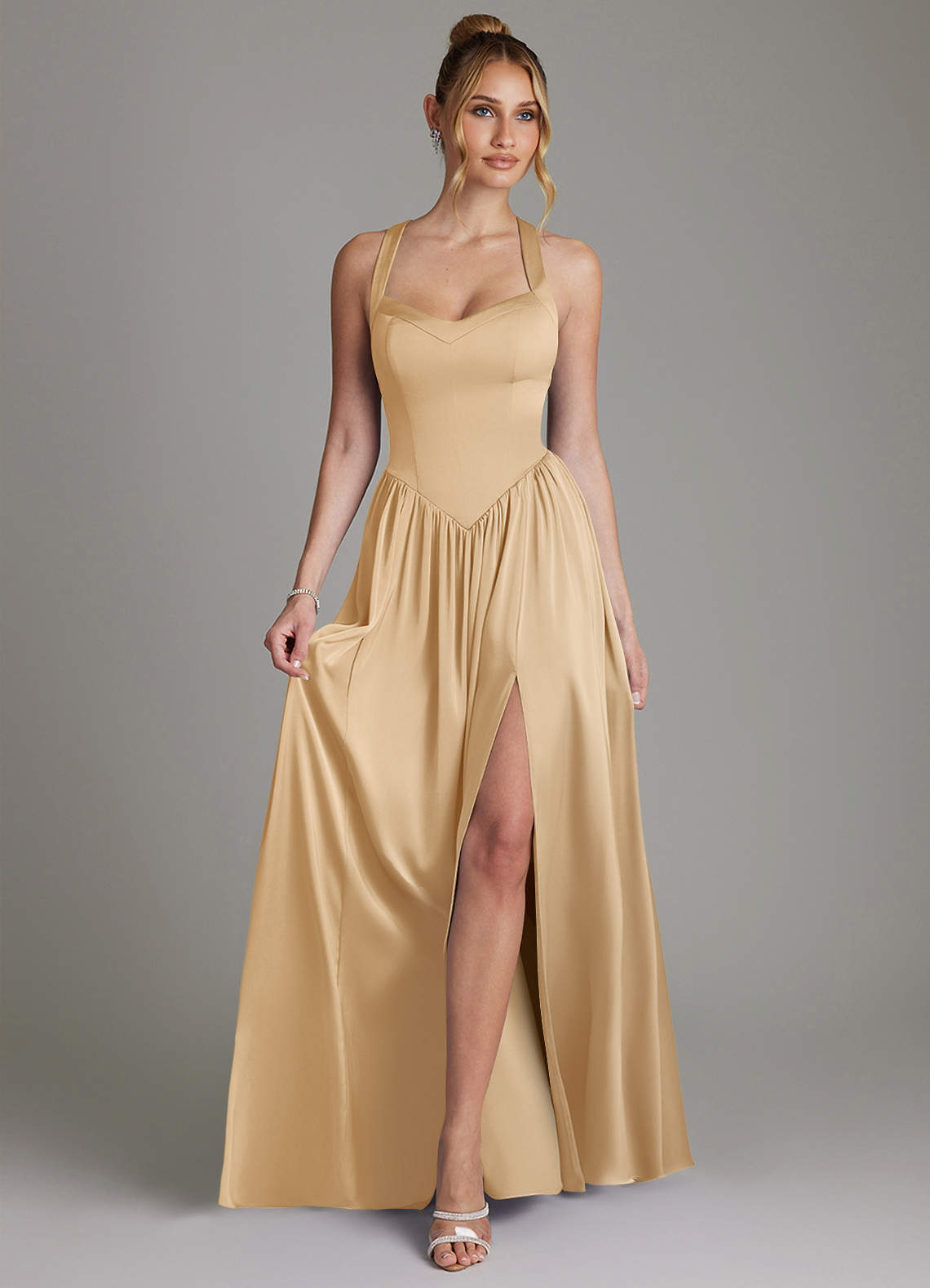 Francis A-Line V-Neck Stretch Satin Bridesmaid Dress in Gold