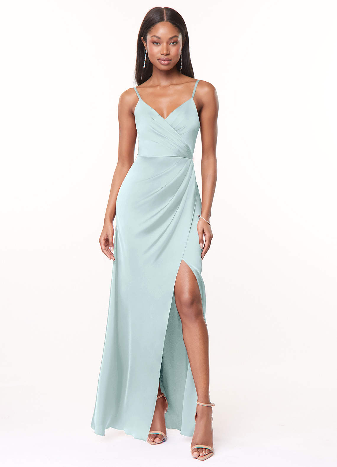 Maci A-Line V-Neck Stretch Satin Bridesmaid Dress in Sea Glass