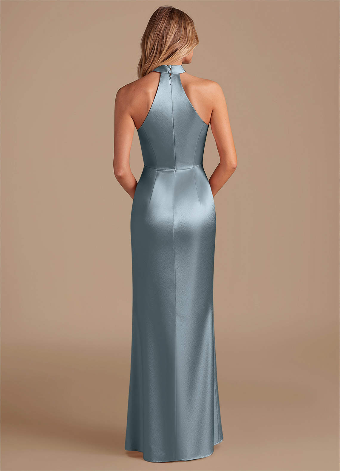 Karlotta Sheath Halter-Neck Metallic Satin Bridesmaid Dress in dusty blue