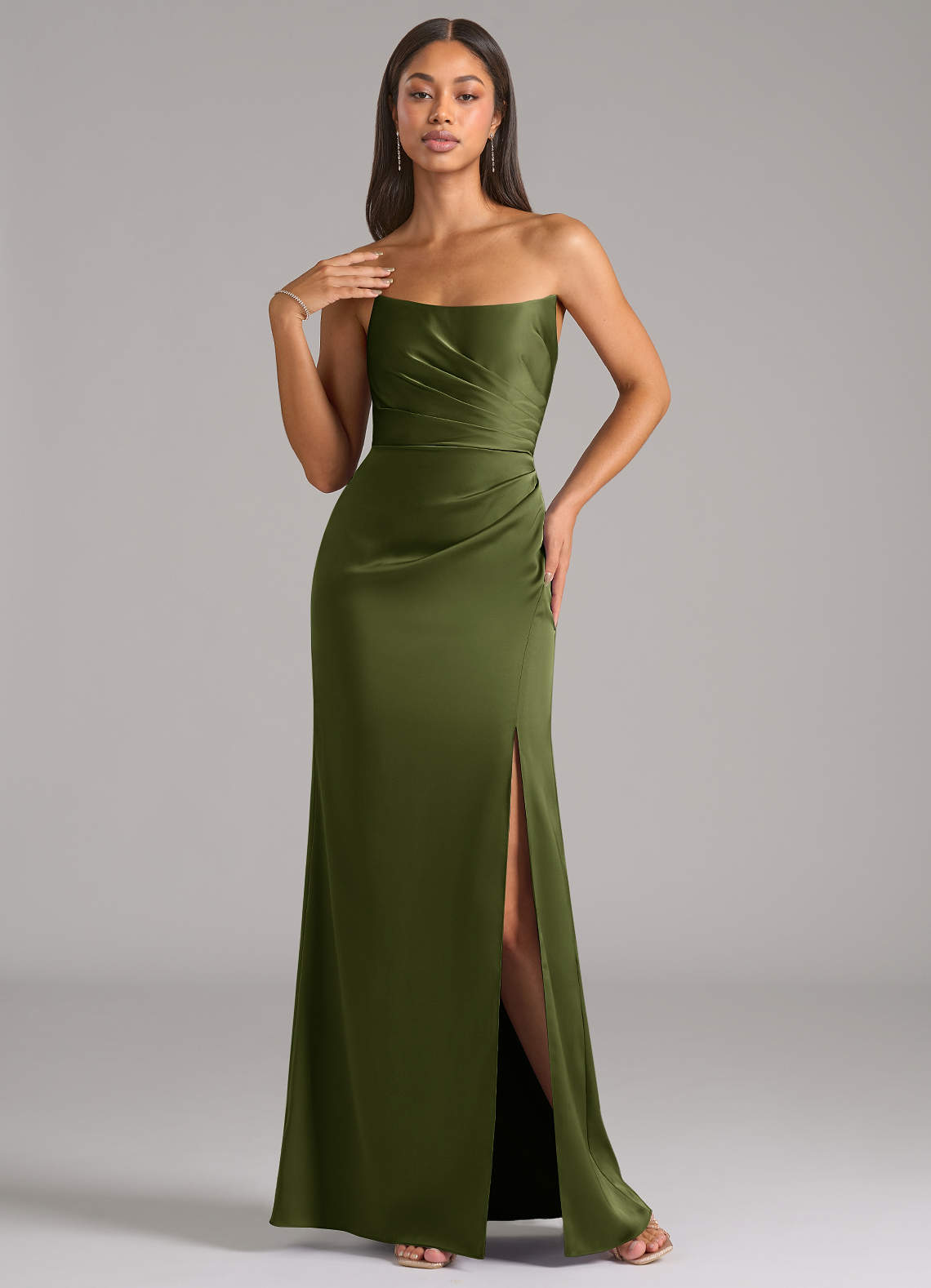 Marla Sheath Strapless Stretch Satin Bridesmaid Dress in Olive