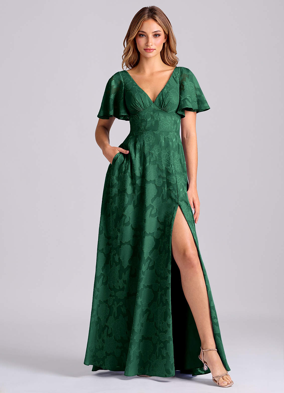 Kimber A-Line V-Neck Floral Burnout Bridesmaid Dress in Dark Green
