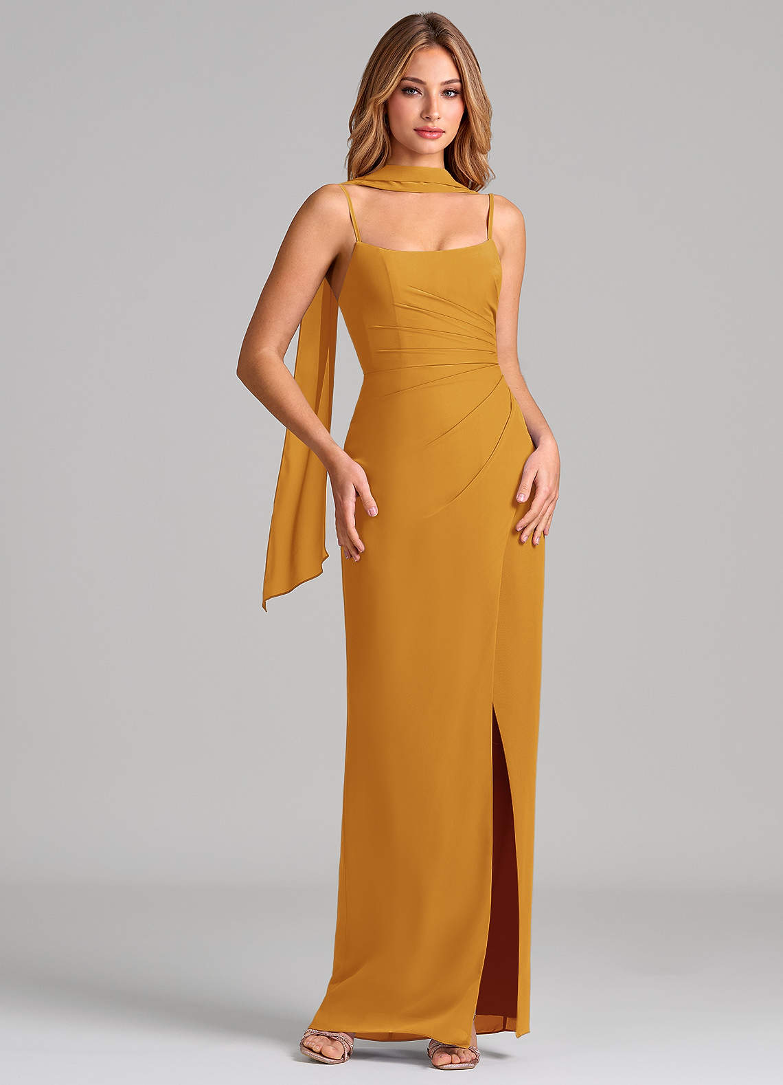 Calandra Sheath Scoop-Neck Chiffon Bridesmaid Dress in butterscotch