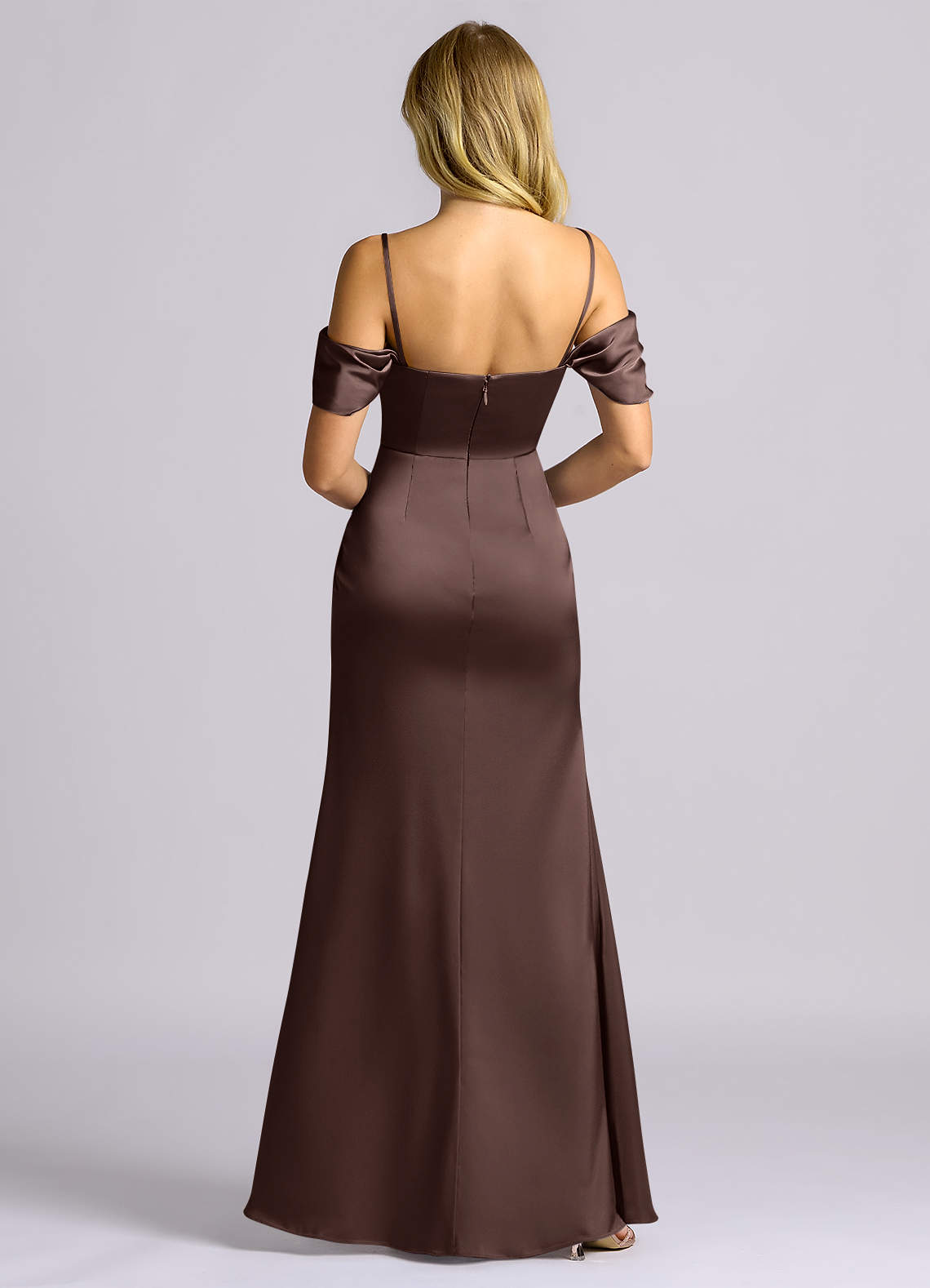 Auden Sheath Off-the-Shoulder Stretch Satin Bridesmaid Dress in Ganache