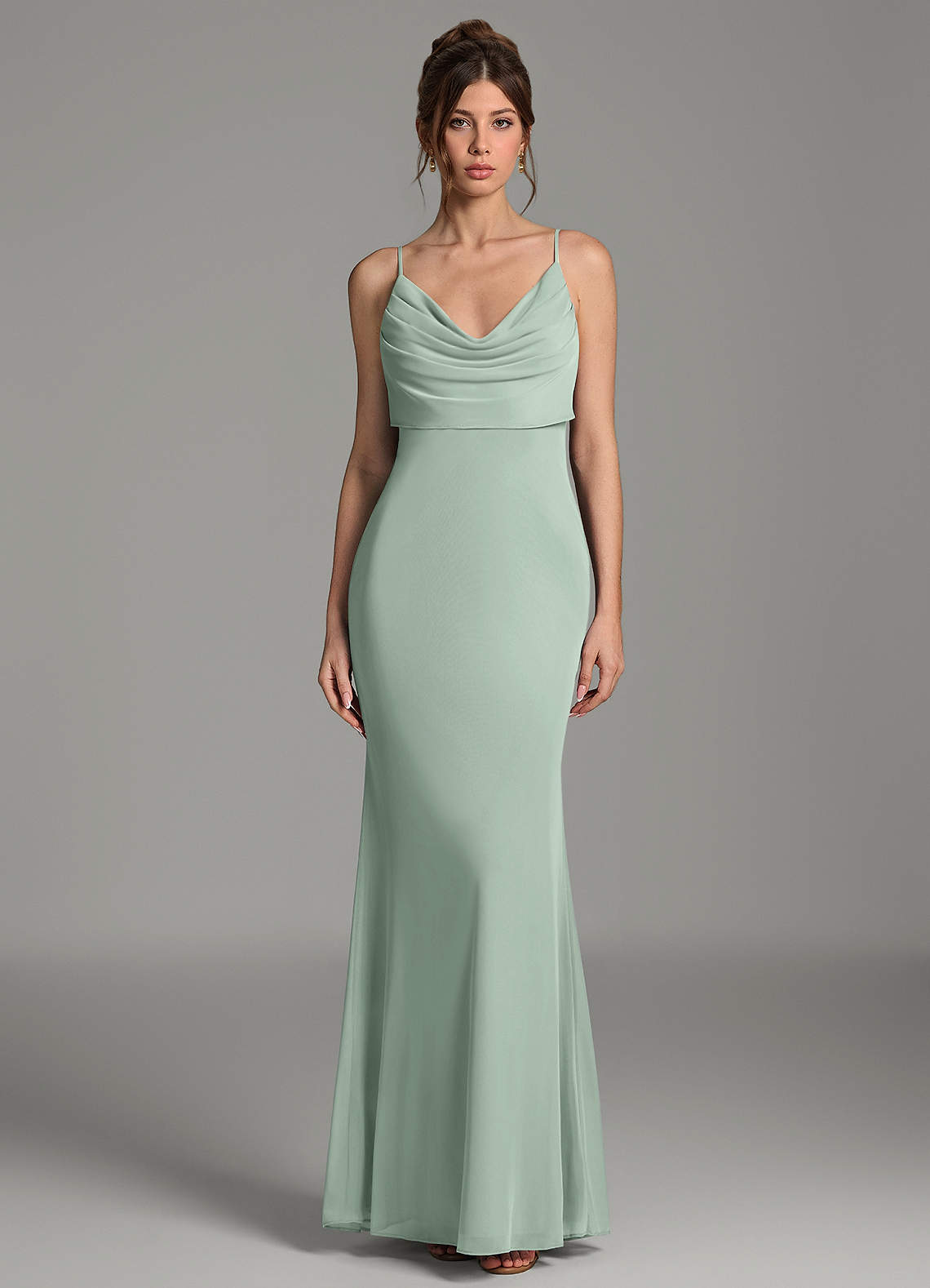 Zari Mermaid Cowl-Neck Mesh Bridesmaid Dress in Agave
