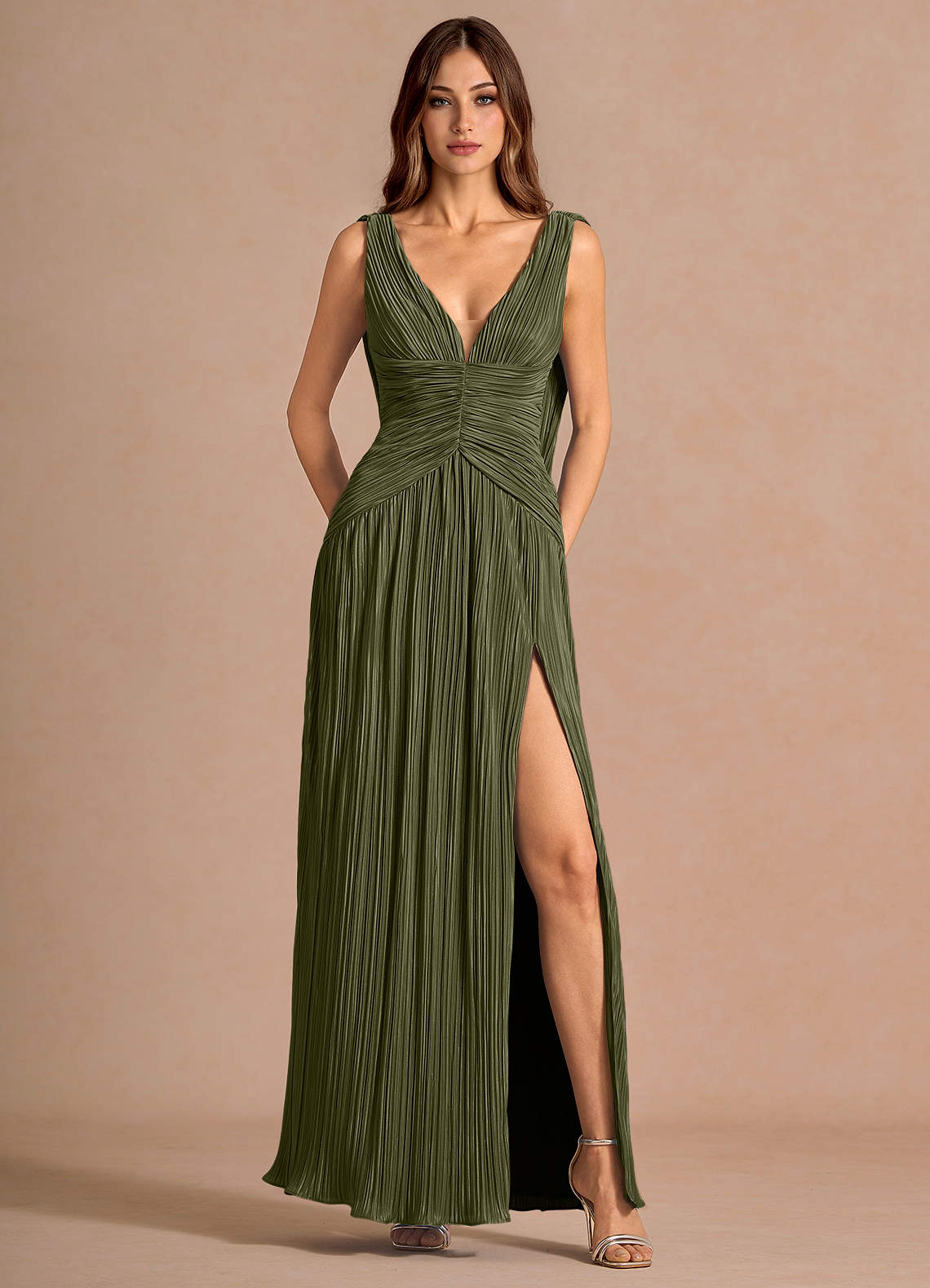 Quellia Sheath V-Neck Stretch Knit Wedding Guest Dress in Moss Green