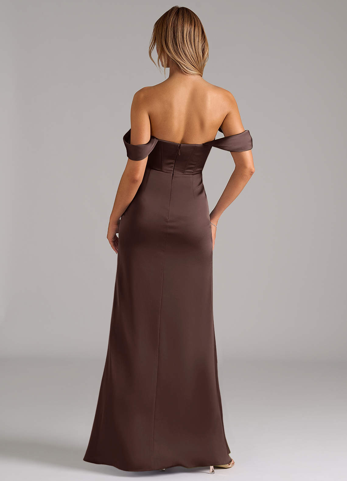 Johana Mermaid Off-the-Shoulder Stretch Satin Bridesmaid Dress in Ganache
