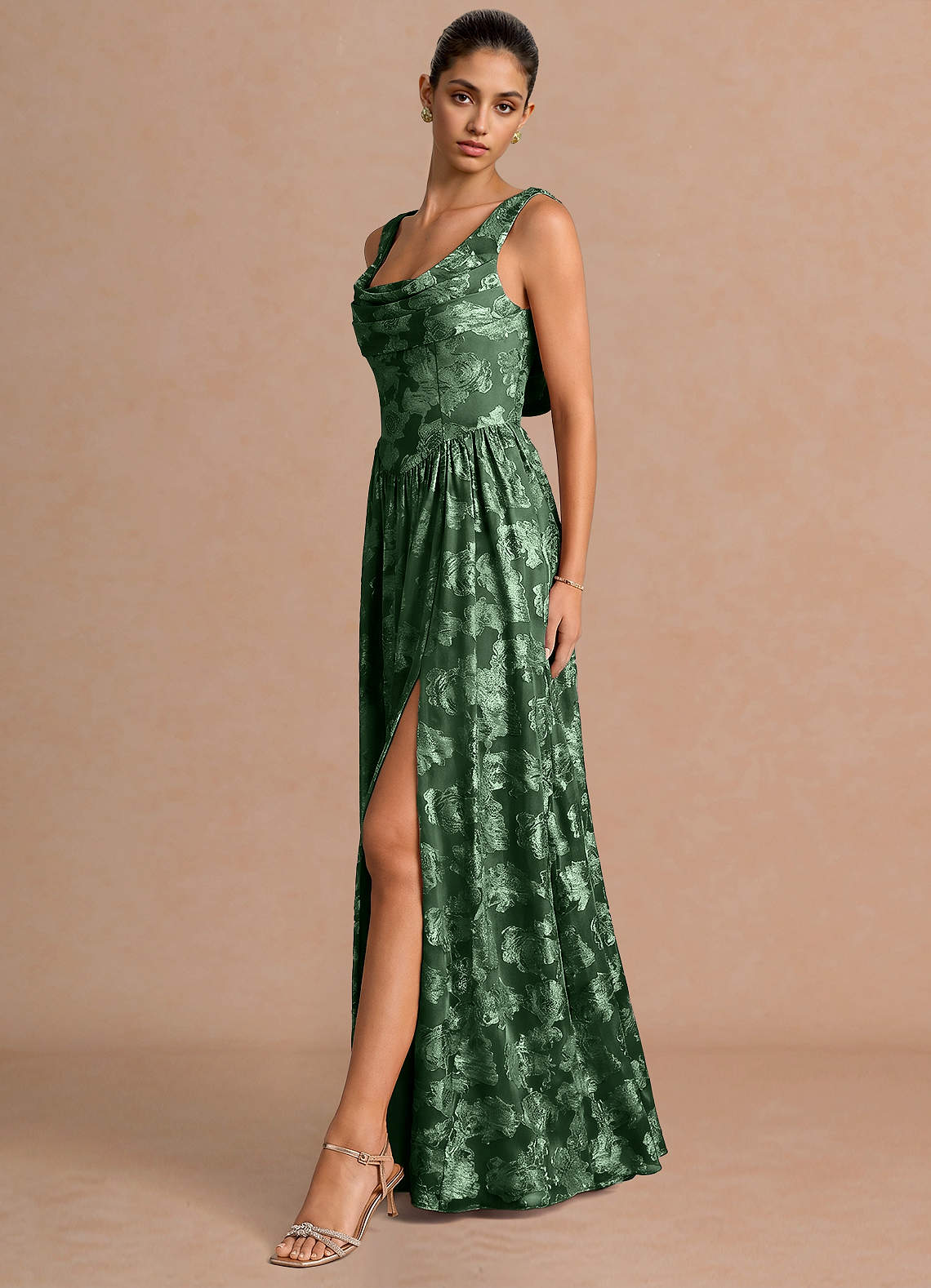 Novi A-Line Draped-Neck Floral Fil Coupé Evening Dress in Eucalyptus