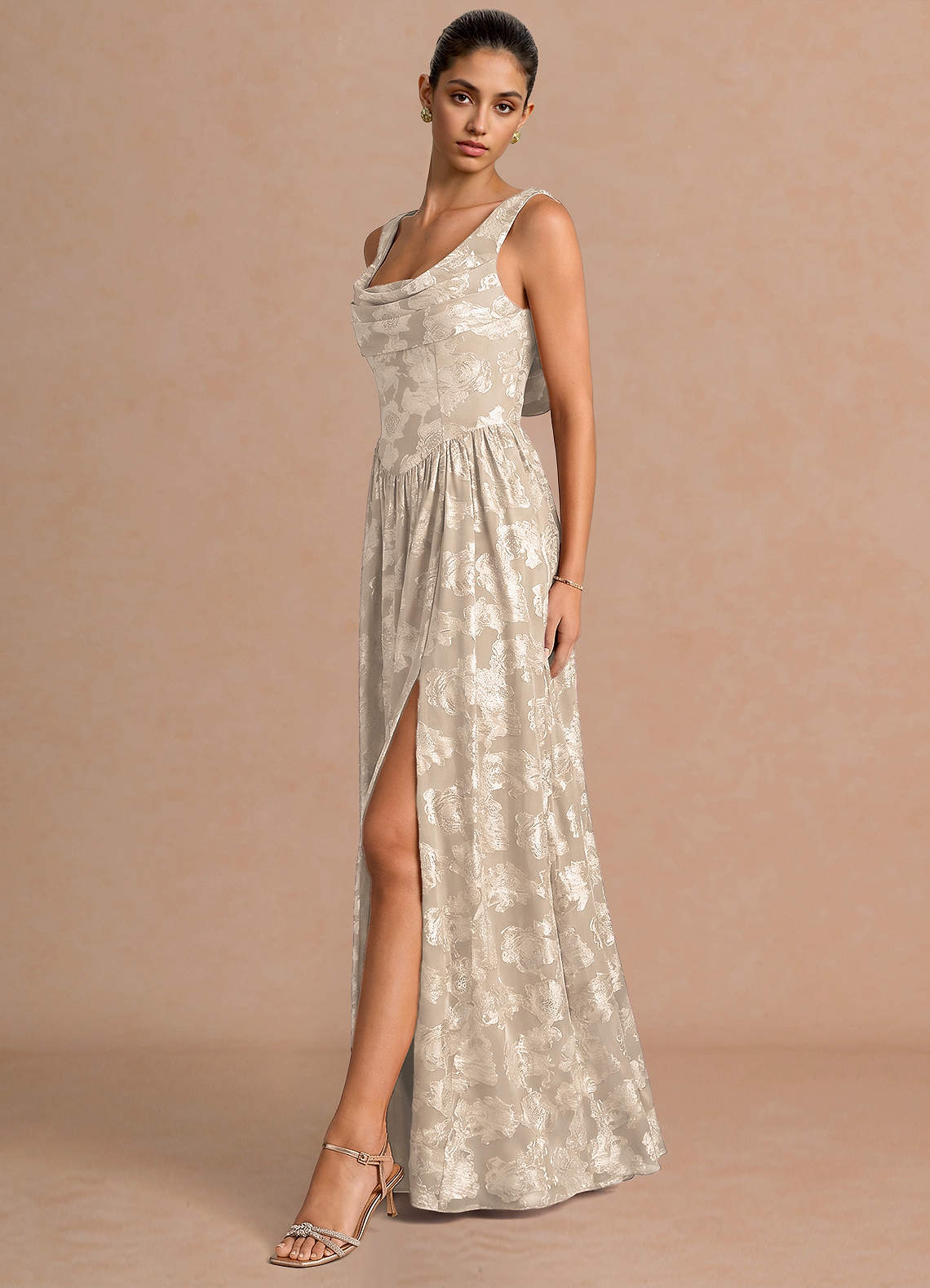Novi A-Line Draped-Neck Floral Fil Coupé Evening Dress in Cream