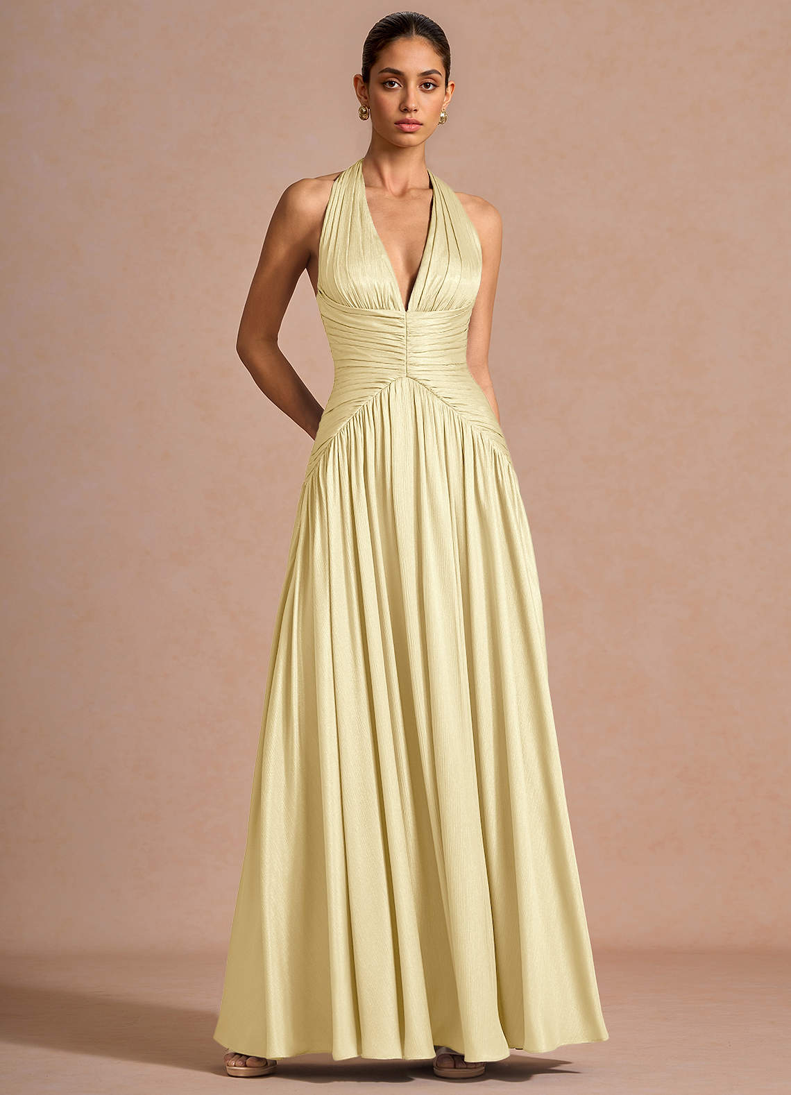 Hecate A-Line Halter Satin-Faced Chiffon Evening Dress in Lemon Sorbet