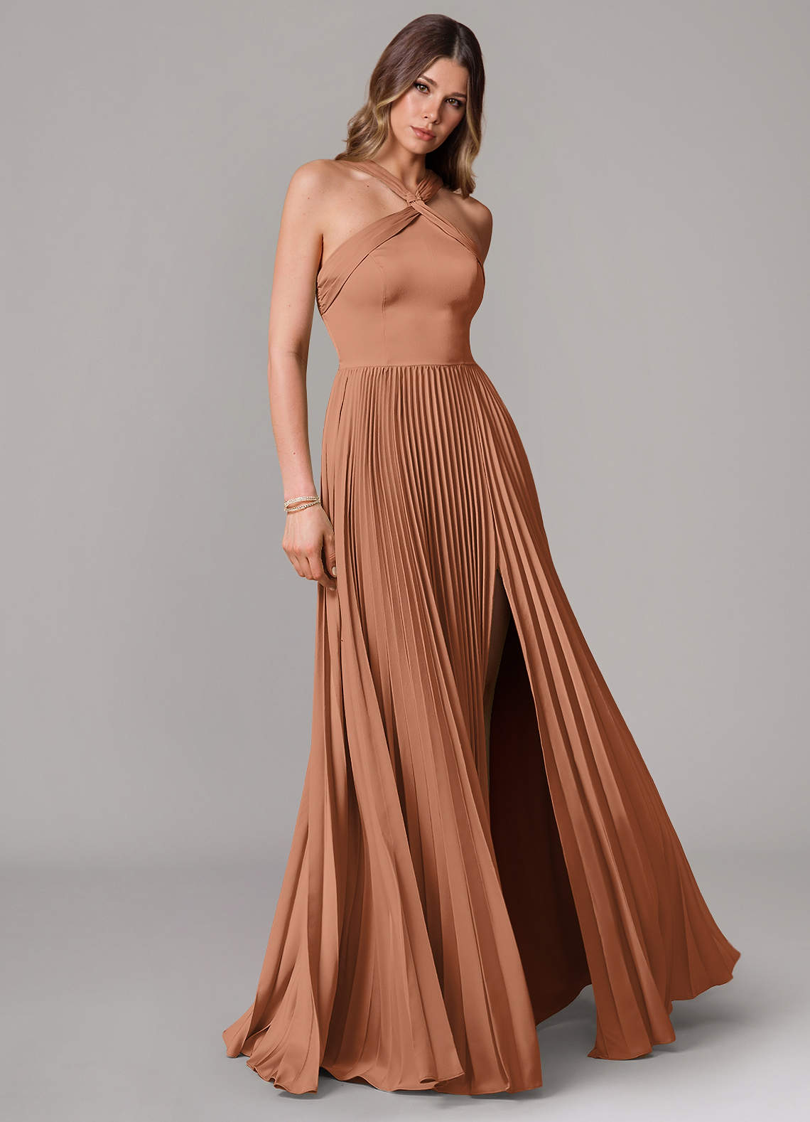 Afra A-Line Halter-Neck Stretch Satin Bridesmaid Dress in Bronzer