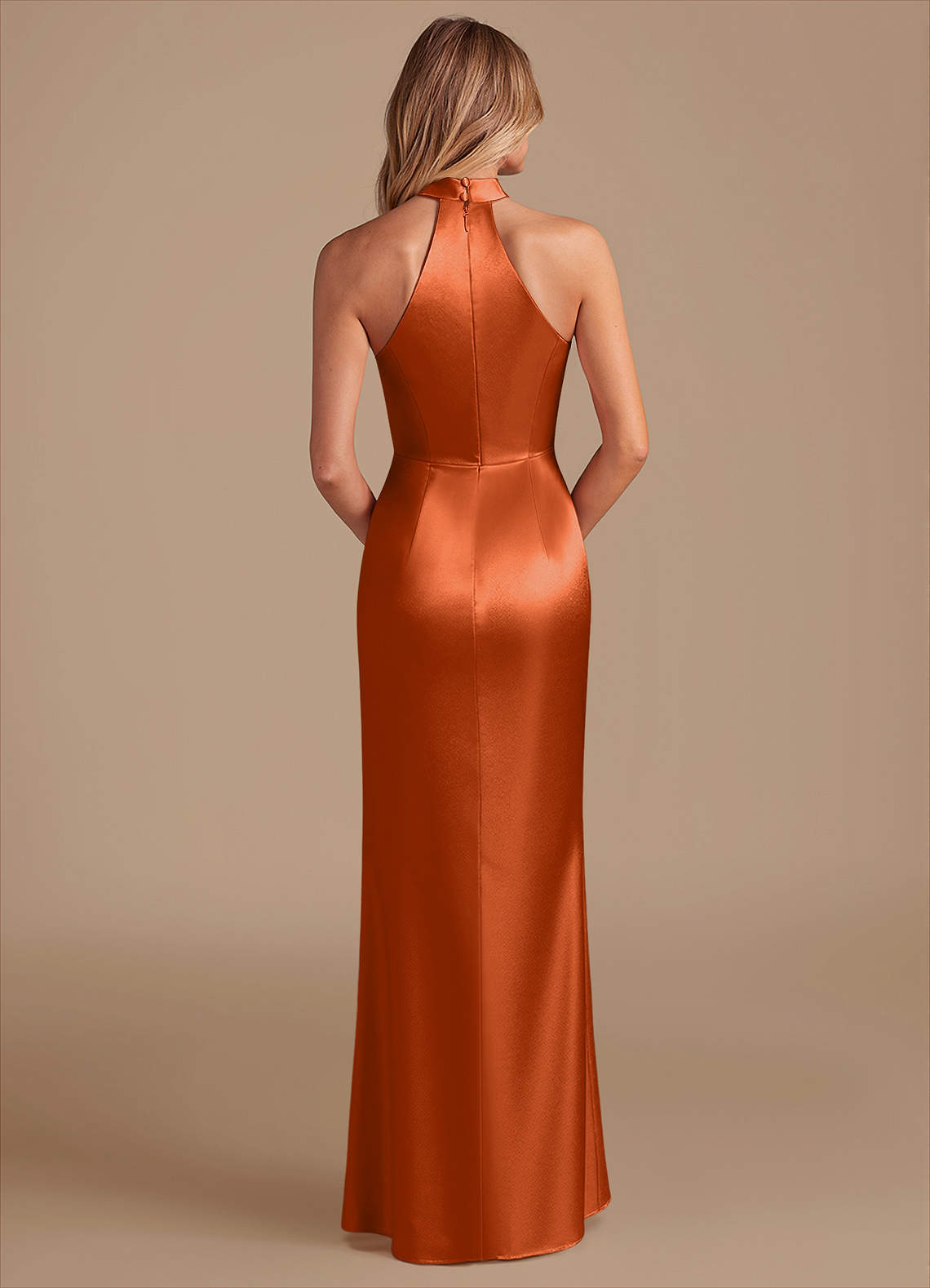 Karlotta Sheath Halter-Neck Metallic Satin Bridesmaid Dress in Burnt Orange