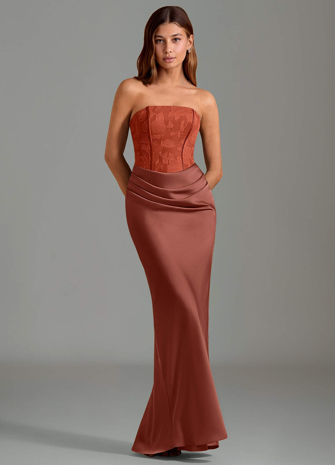 Emilia Mermaid Strapless Stretch Satin and Floral Burnout Bridesmaid Dress in Auburn