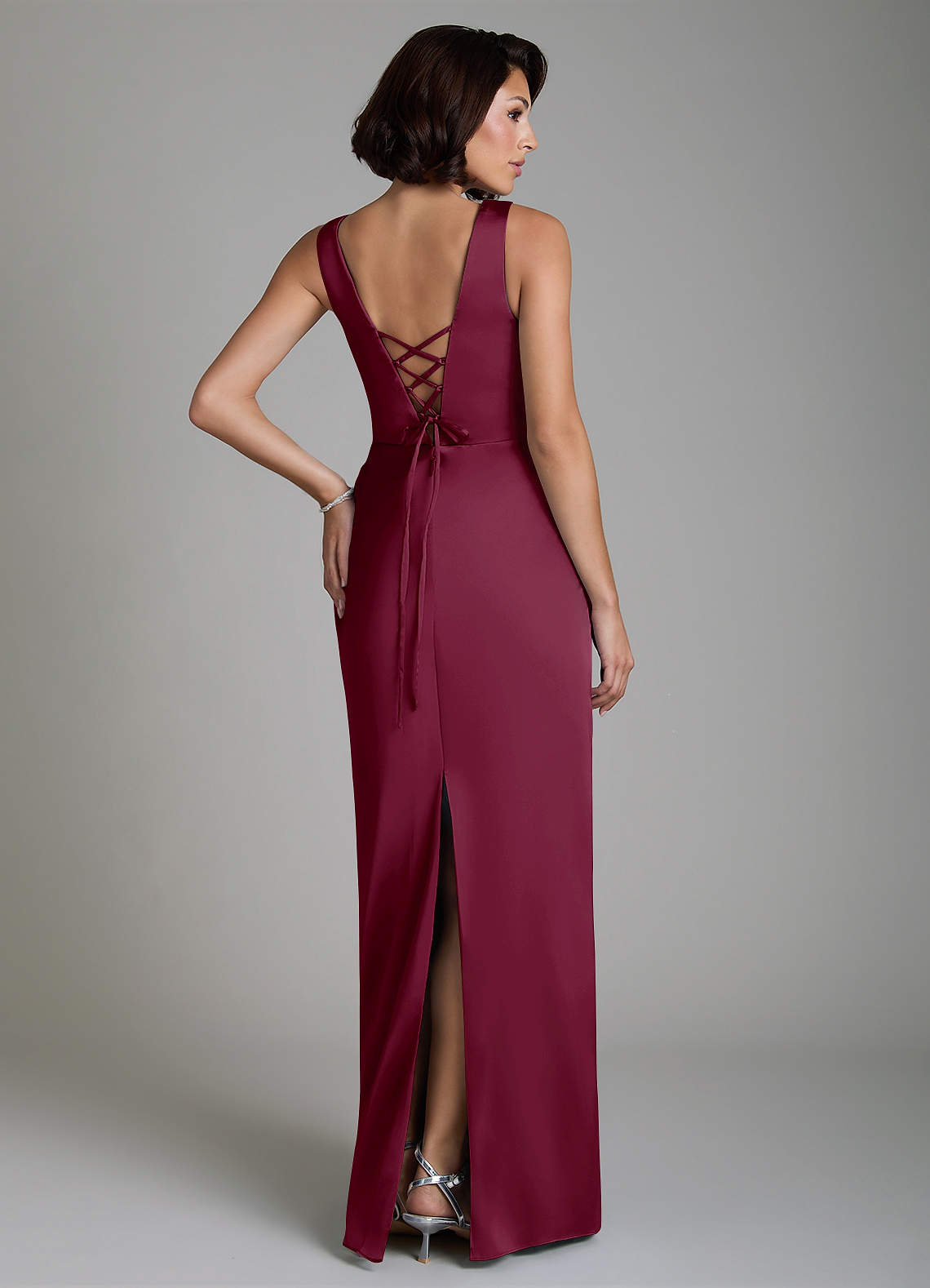 Vanya Sheath V-Neck Stretch Satin Bridesmaid Dress in Mulberry