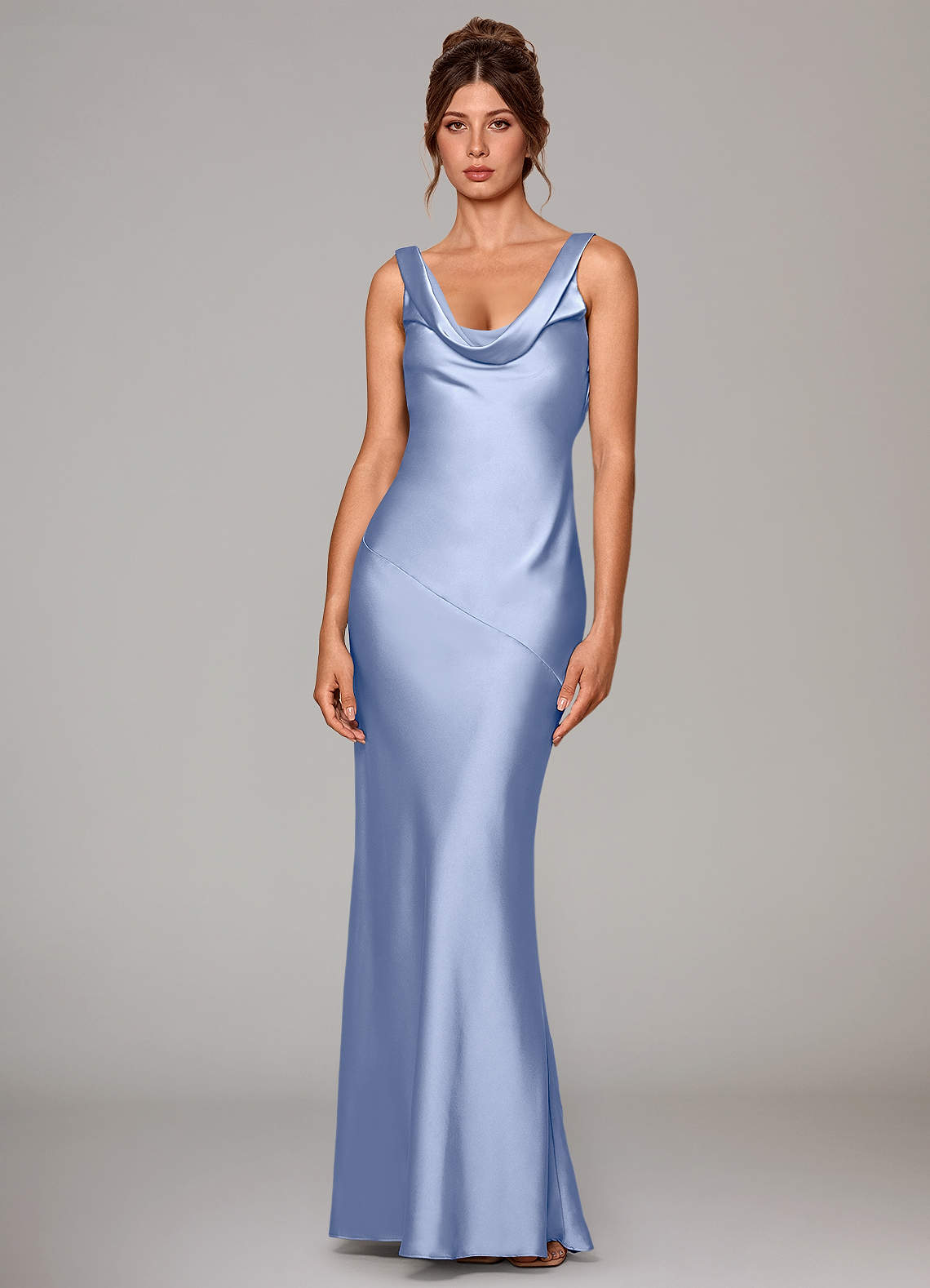 Rylina Mermaid Cowl-Neck Stretch Satin Bridesmaid Dress in Ice
