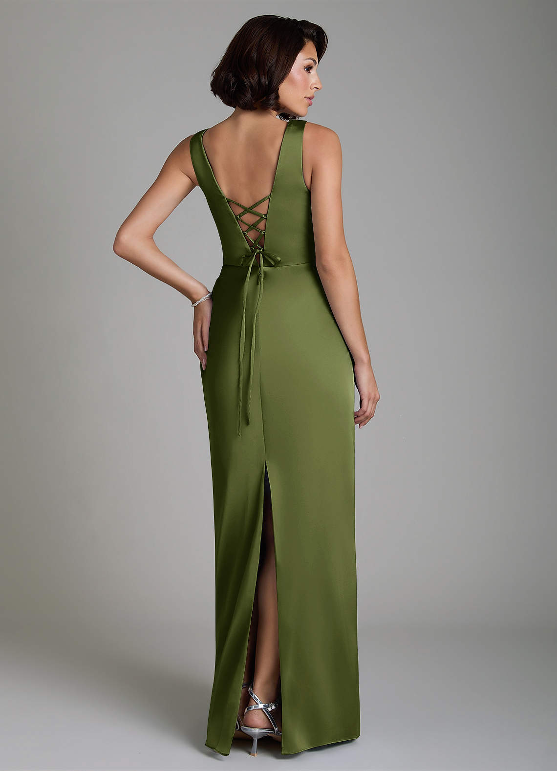 Vanya Sheath V-Neck Stretch Satin Bridesmaid Dress in Olive