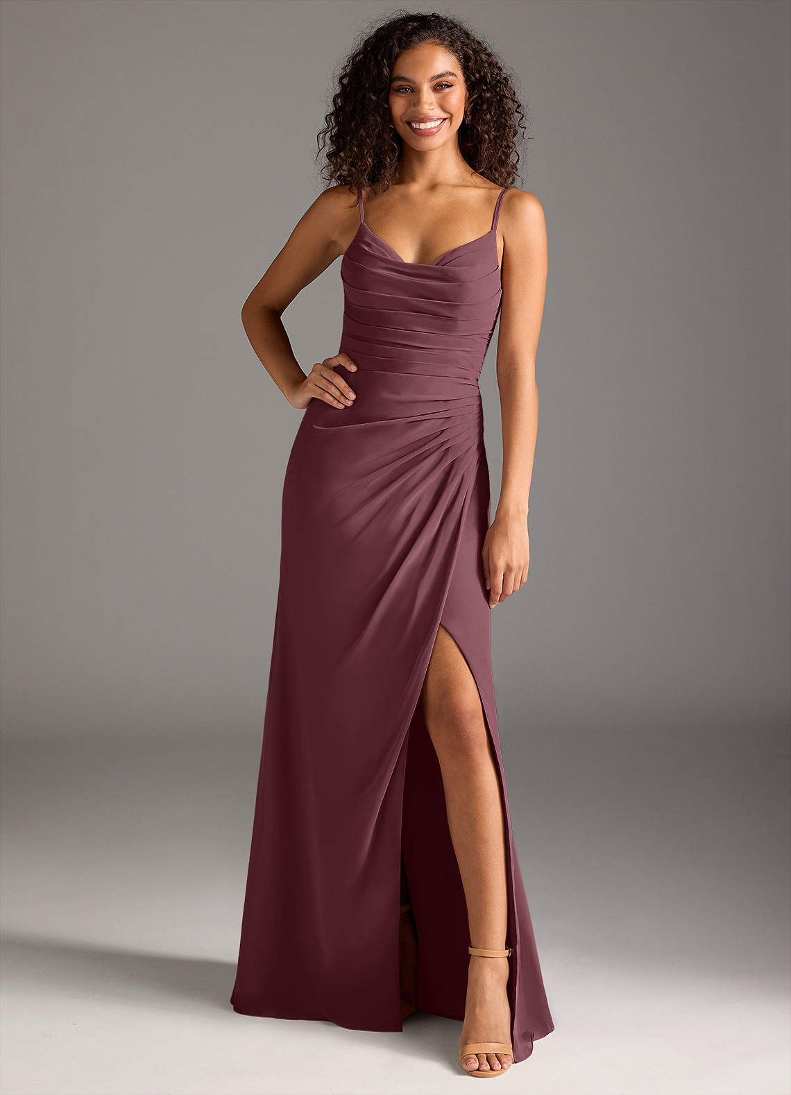 Deandra Mermaid Cowl-Neck Chiffon Bridesmaid Dress in Sangria