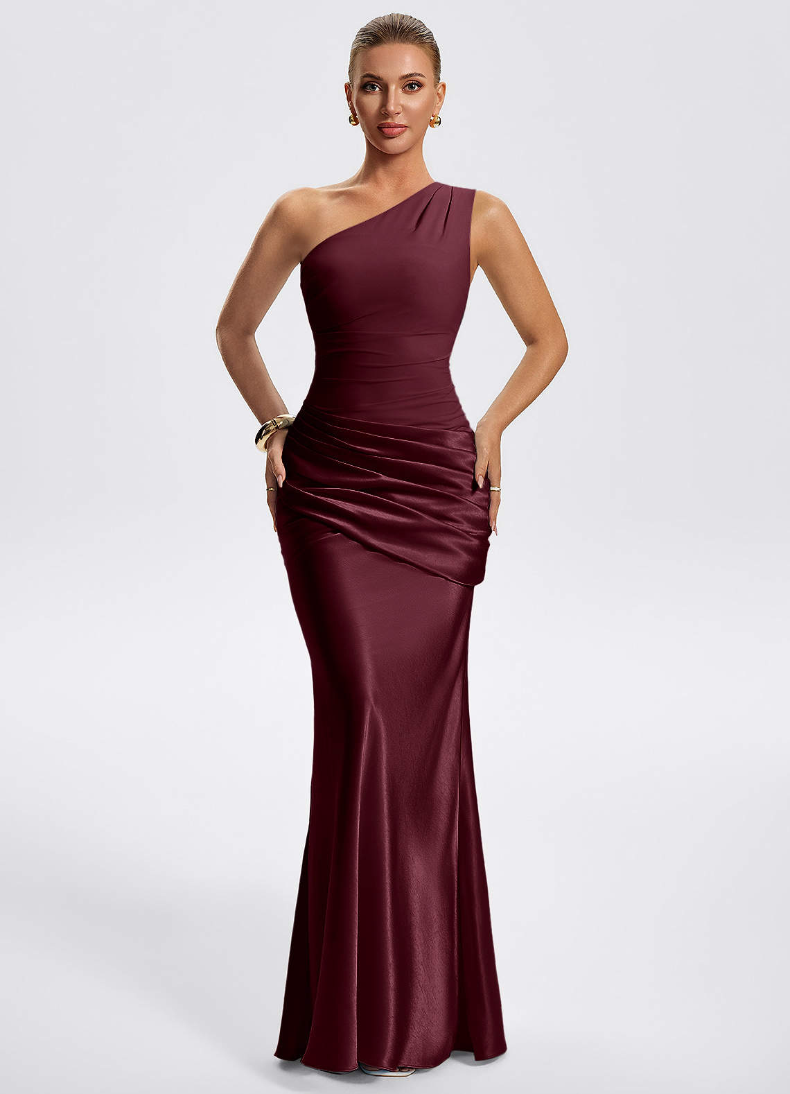 Willowyn Mermaid One-Shoulder Satin Evening Dress in Cabernet