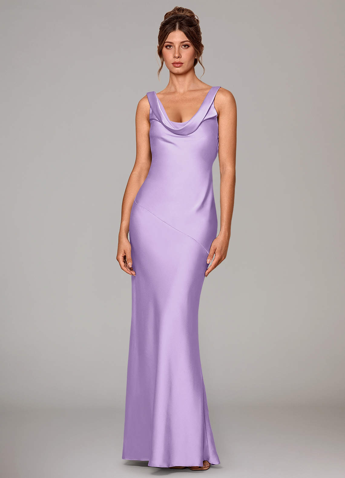 Rylina Mermaid Cowl-Neck Stretch Satin Bridesmaid Dress in Lilac