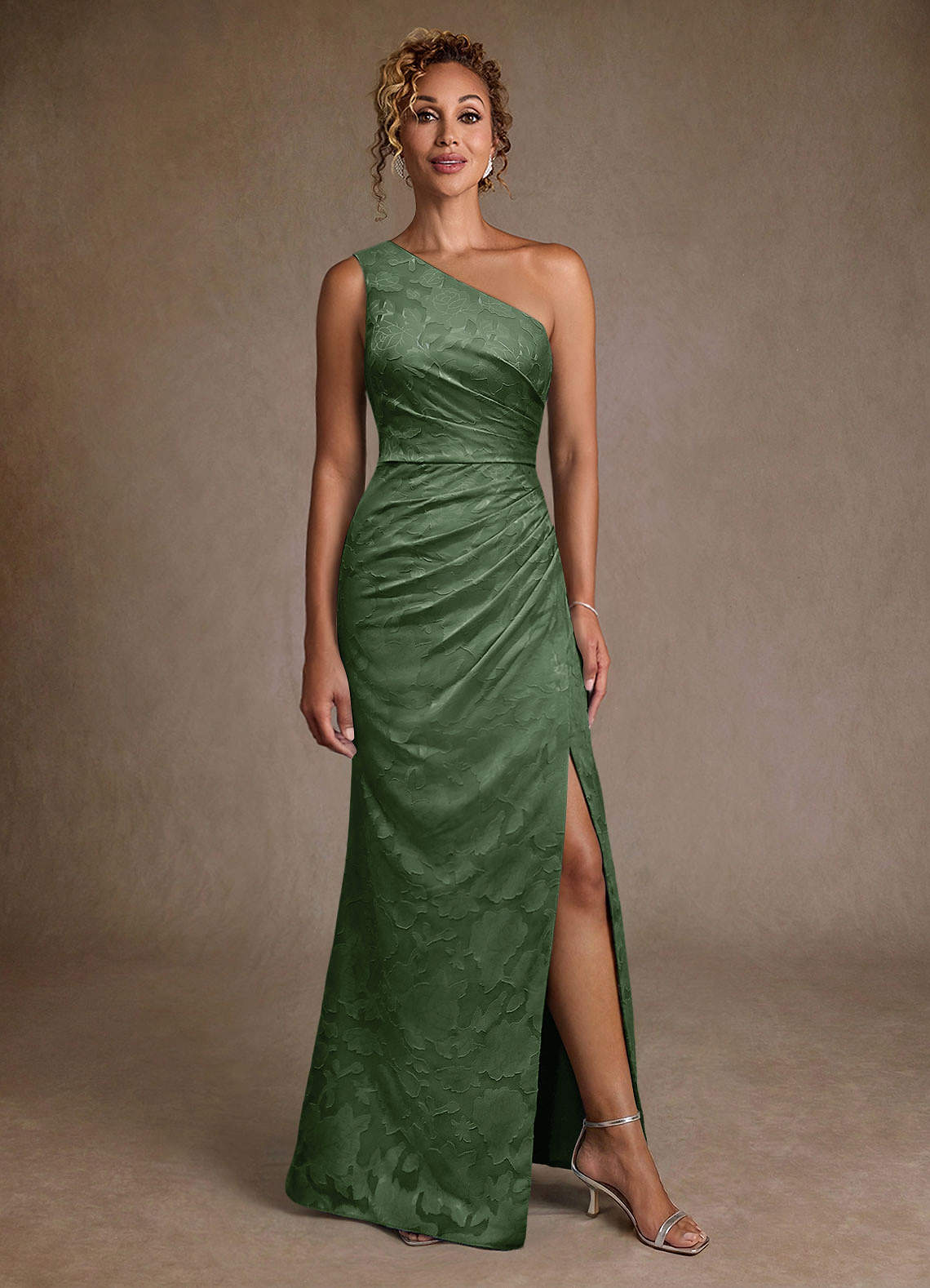 Joylin Trumpet One-Shoulder Floral Burnout Mother of the Bride Dress in eucalyptus