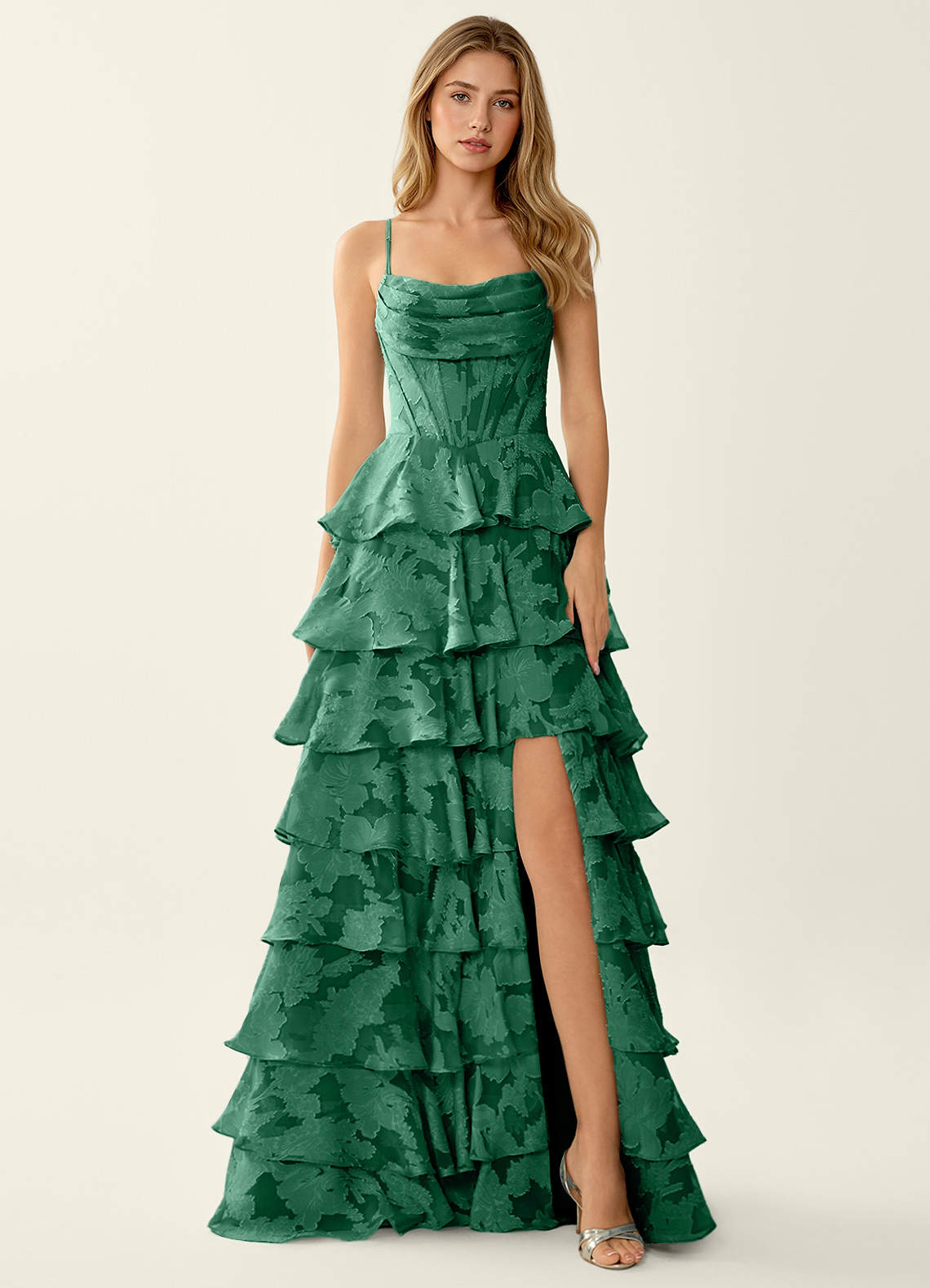Wrenana A-Line Cowl-Neck Floral Burnout Evening Dress in Dark Green