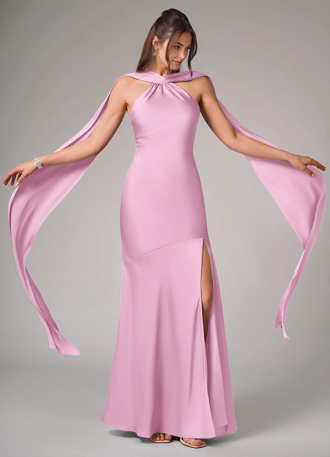 Kinsley Mermaid Halter Stretch Satin Bridesmaid Dress in candy pink