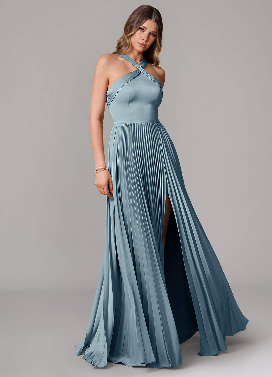 Afra A-Line Halter-Neck Stretch Satin Bridesmaid Dress in dusty blue
