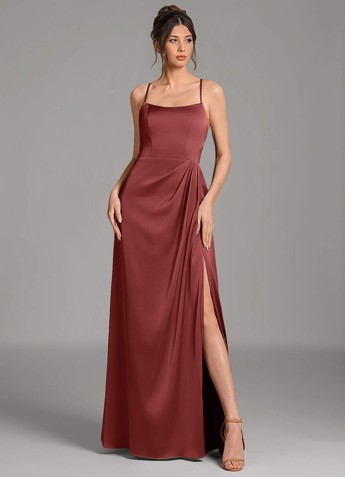 Frankie A-Line Scoop-Neck Stretch Satin Bridesmaid Dress in Terracotta