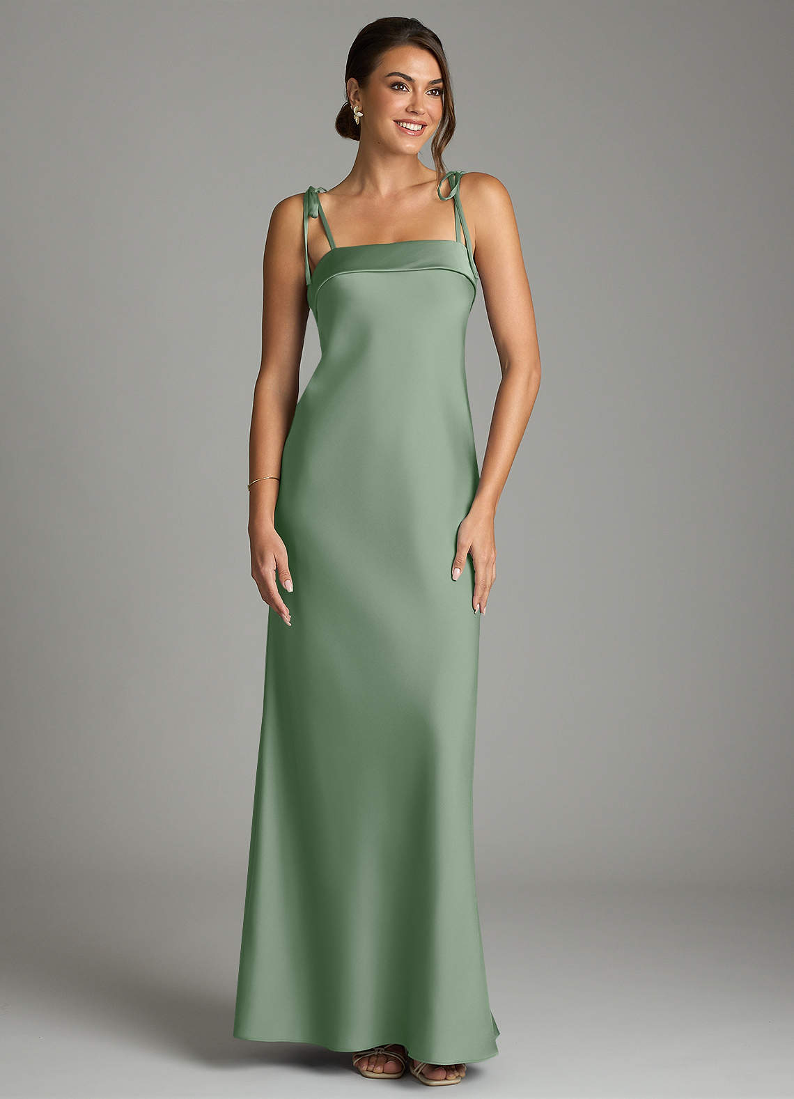 Ellia Sheath Straight-Neck Stretch Satin Bridesmaid Dress in Matcha
