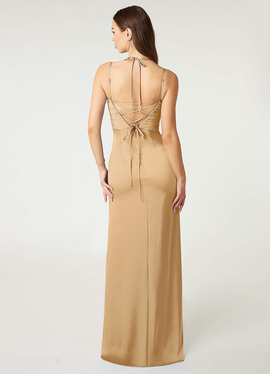 Desi Sheath Halter Stretch Satin Bridesmaid Dress in Gold