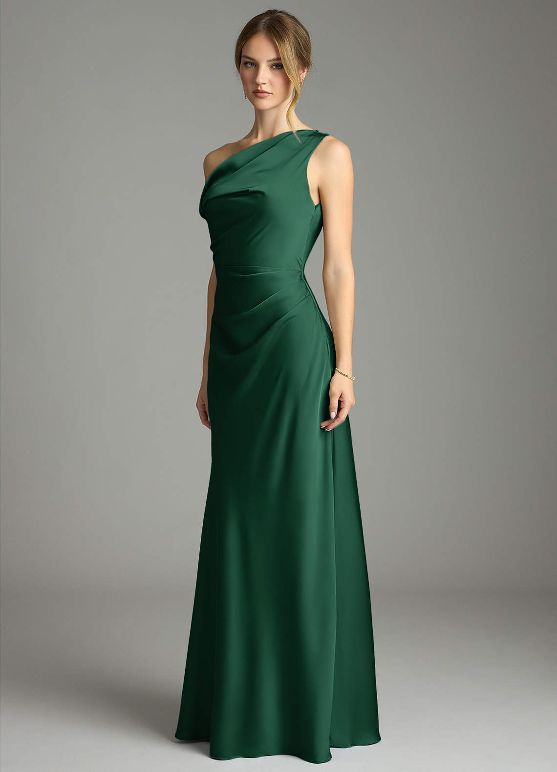 Emerson Mermaid One-Shoulder Stretch Satin Bridesmaid Dress in Dark Green