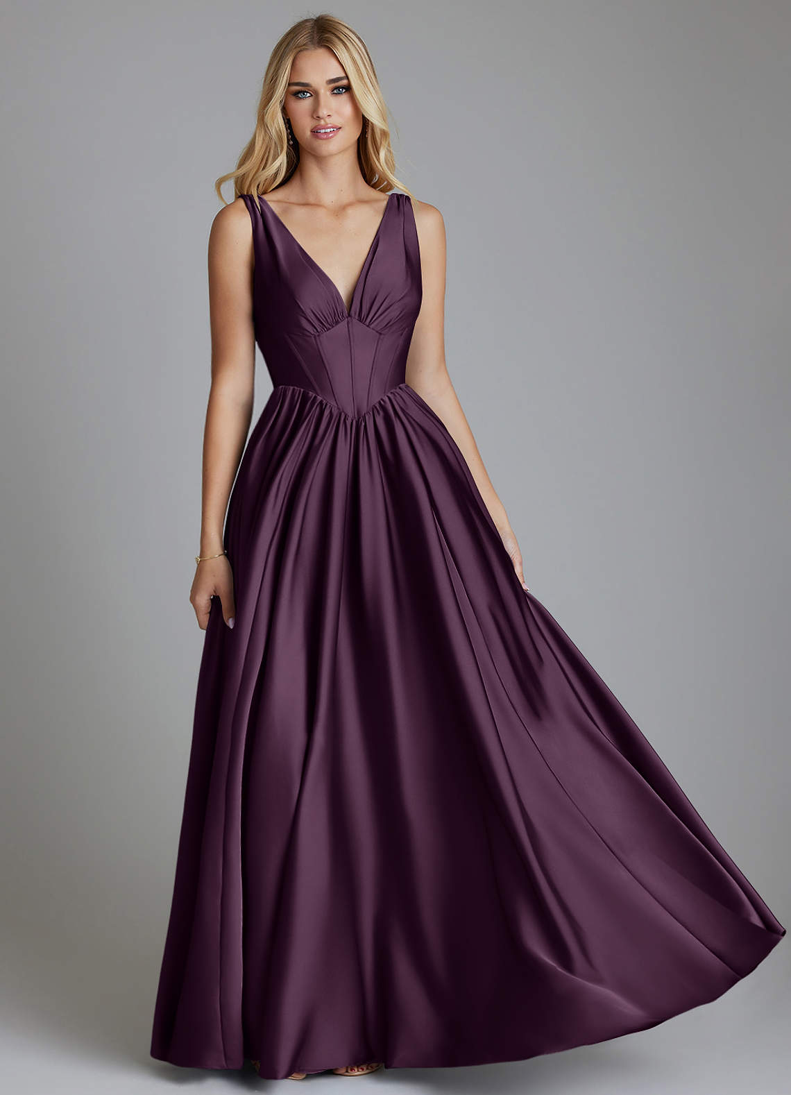 Delmie A-Line V-Neck Stretch Satin Bridesmaid Dress in Plum