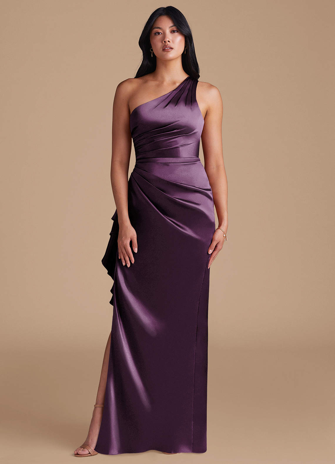 Latrice Sheath One-Shoulder Metallic Satin Bridesmaid Dress in Plum