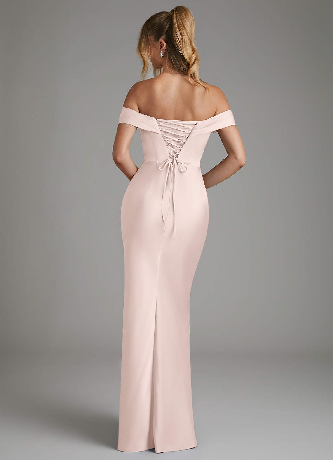 Hayden Mermaid Off-the-Shoulder Stretch Satin Bridesmaid Dress in Blushing Pink