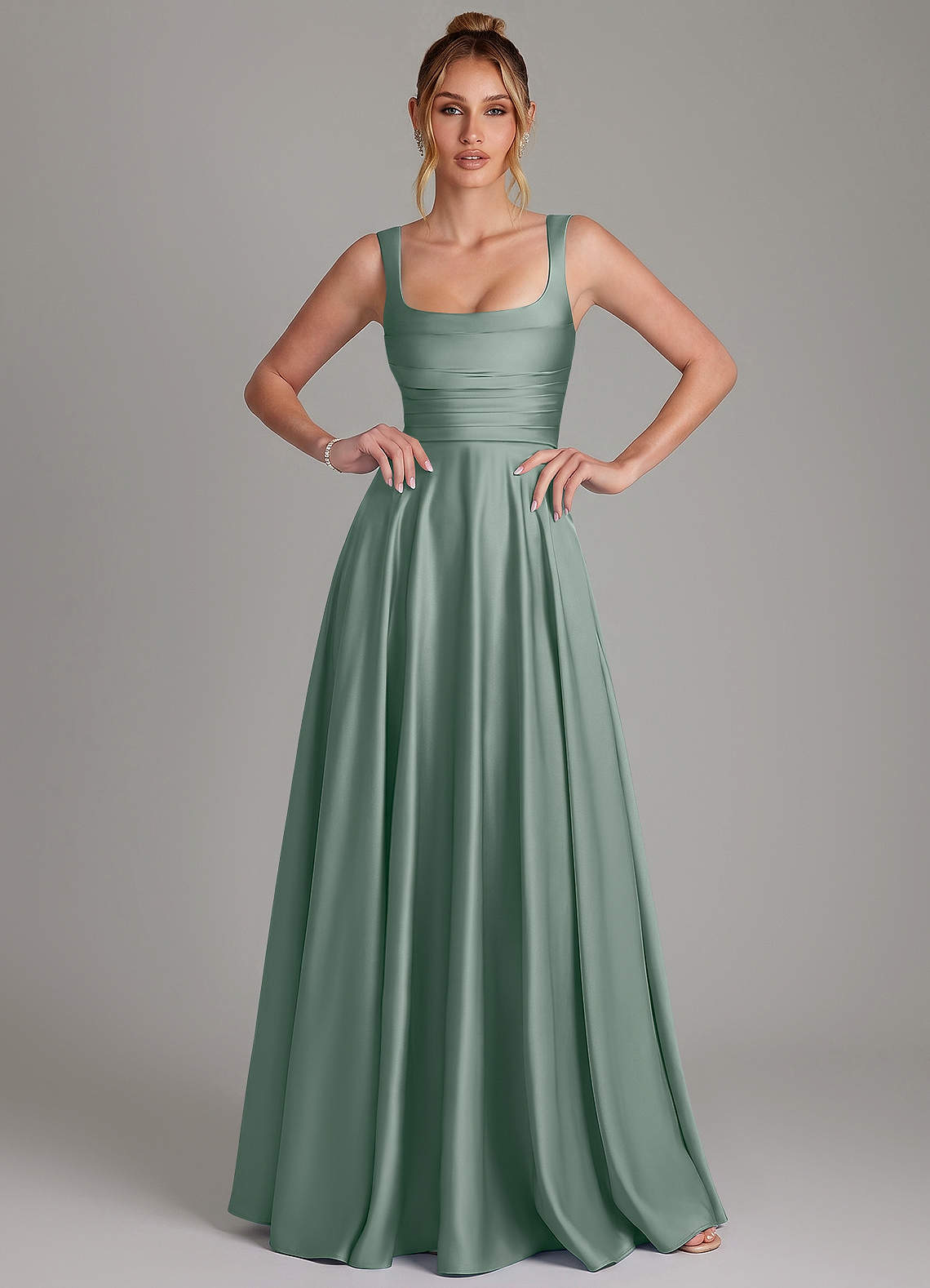 Azaria A-Line Square-Neck Stretch Satin Bridesmaid Dress in Silver Sage