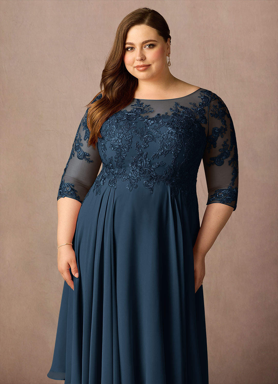 Marge A-Line Scoop-Neck Chiffon and Lace Mother of the Bride Dress in Dark Navy