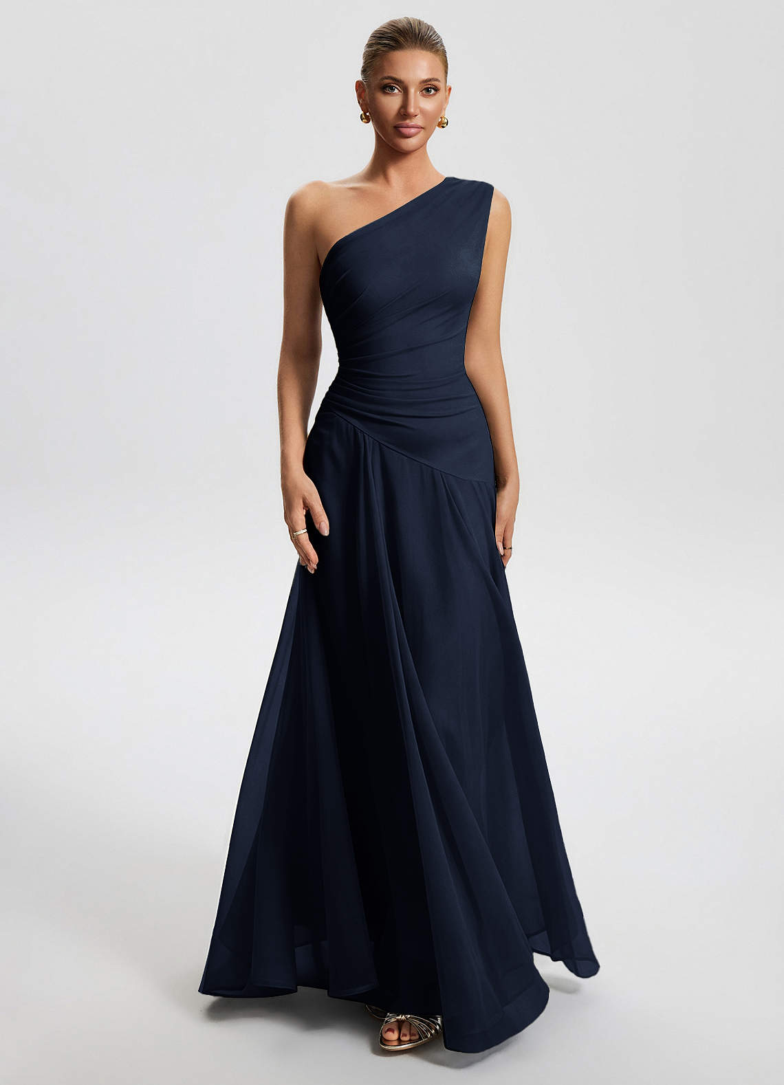 Sylvaine A-Line One-Shoulder Chiffon Wedding Guest Dress in Navy