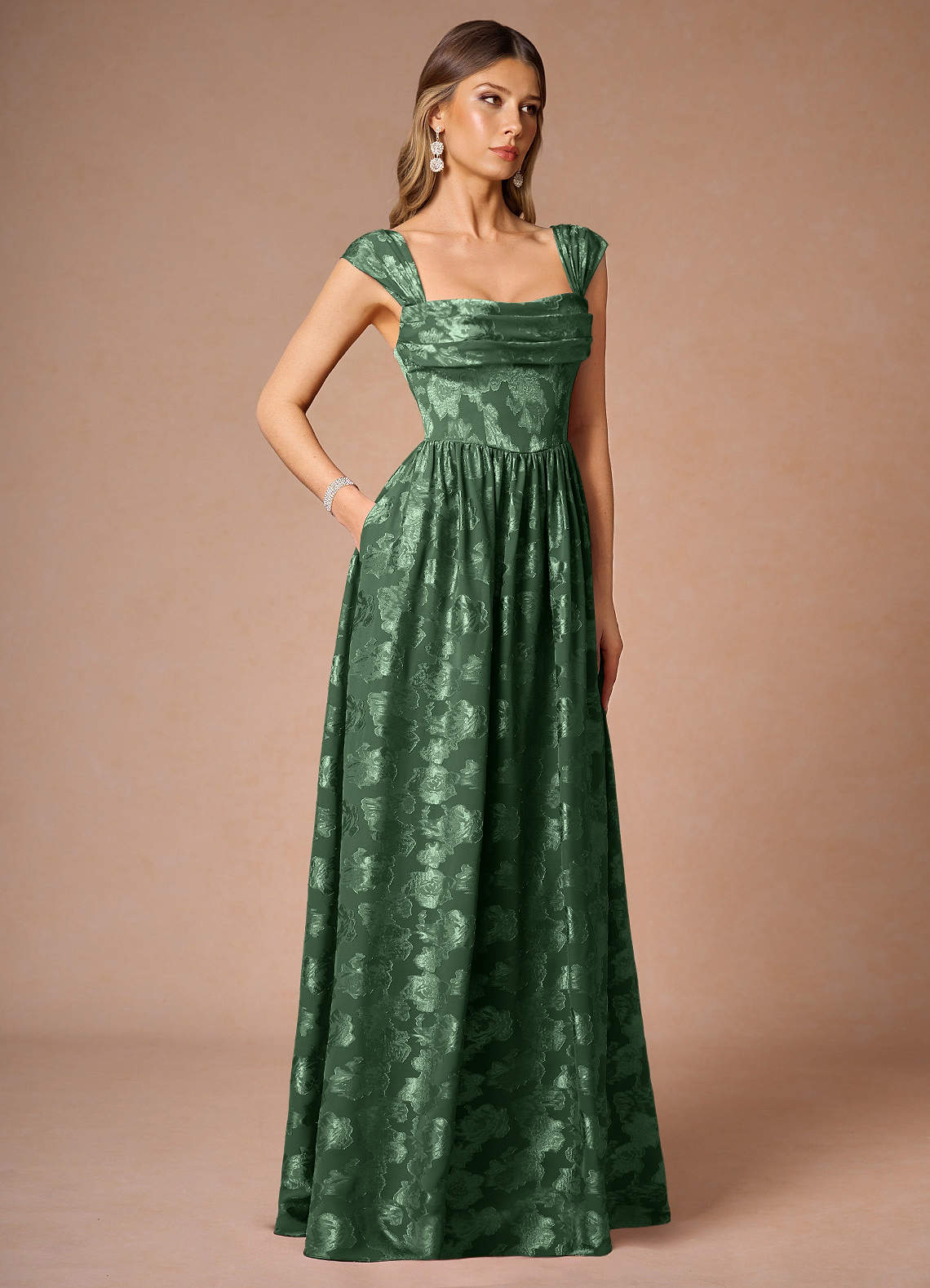Hazel A-Line Cowl-Neck Fil Coupé Wedding Guest Dress in Eucalyptus