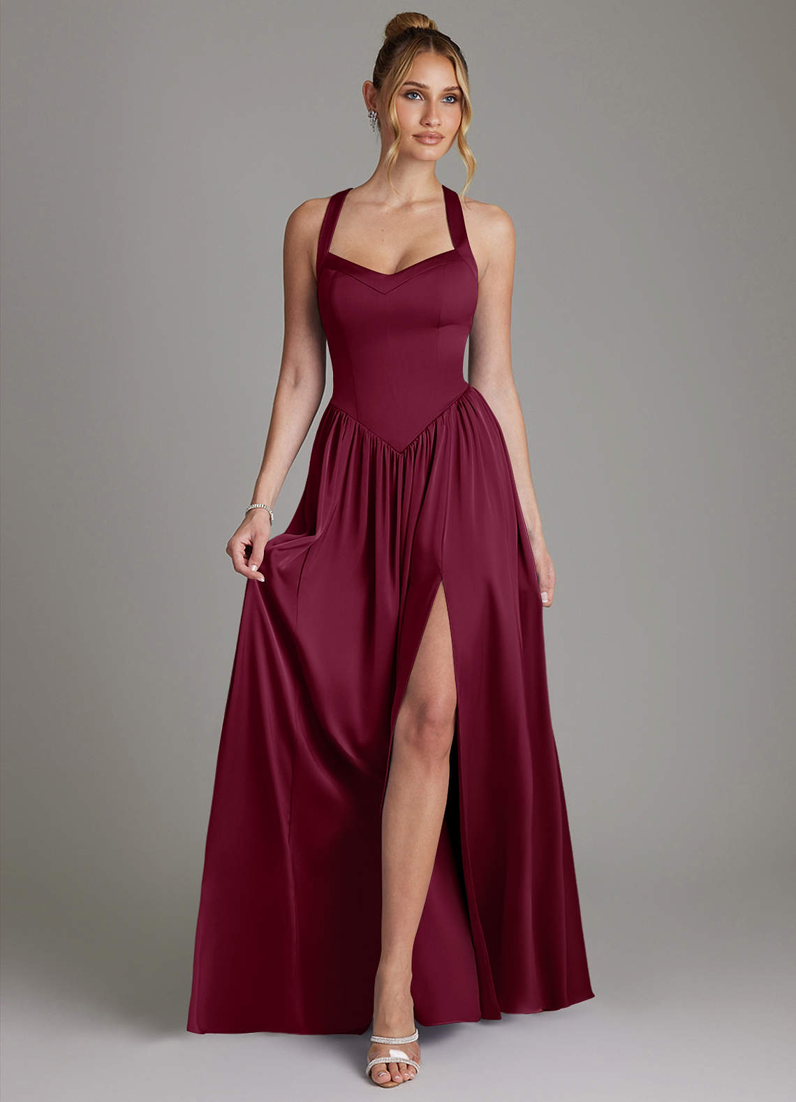 Francis A-Line V-Neck Stretch Satin Bridesmaid Dress in Mulberry
