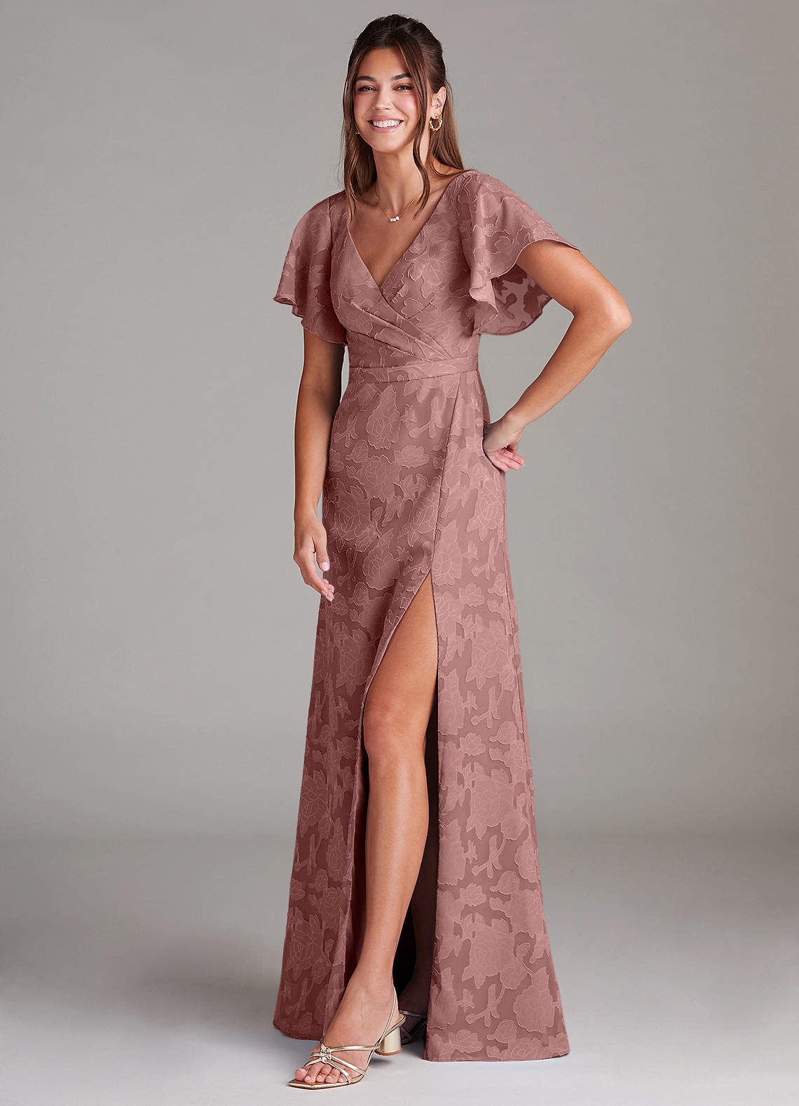 Ambrosia A-Line V-Neck Floral Burnout Bridesmaid Dress in dusty rose