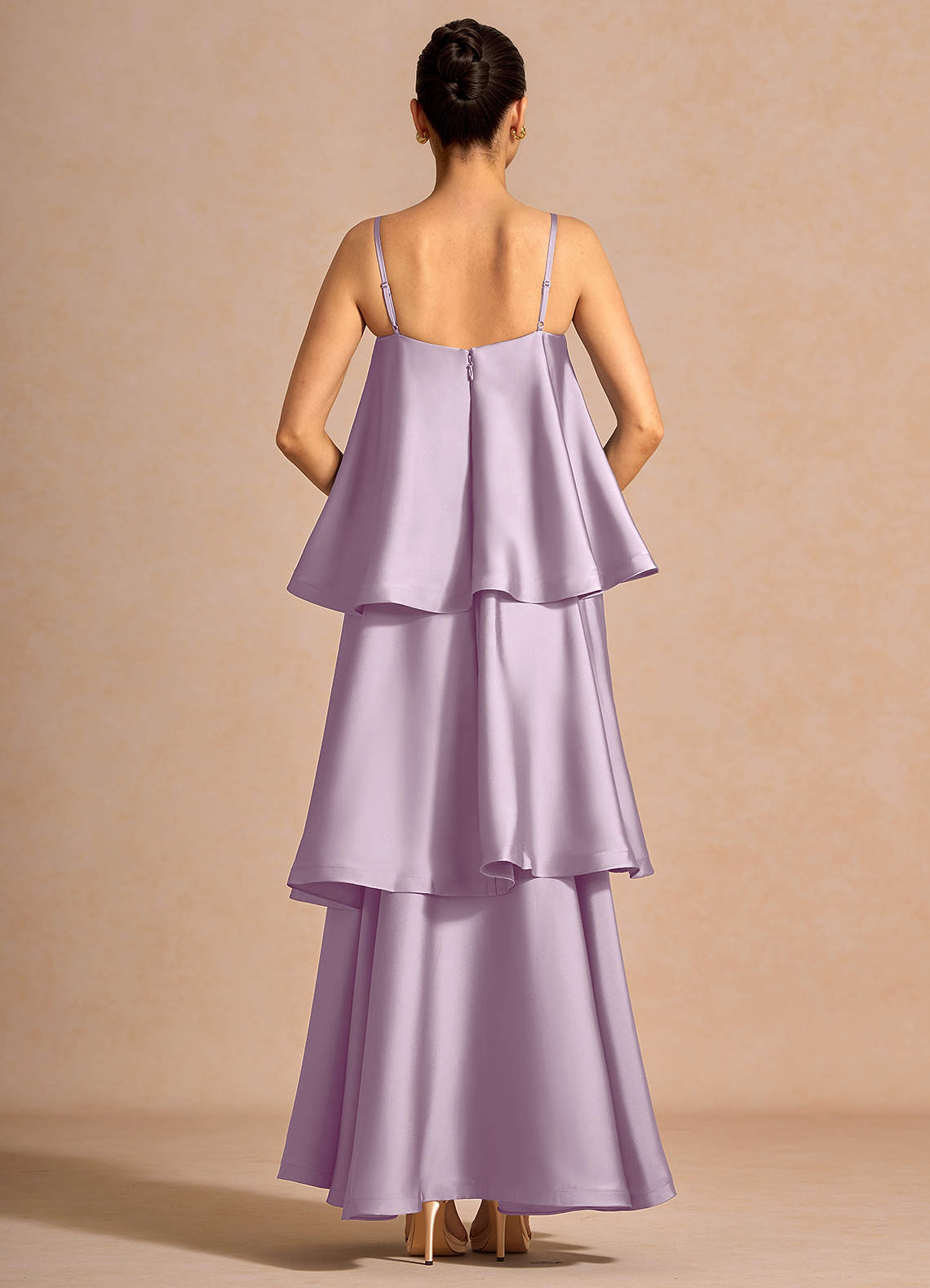 Itasca A-Line Tiered Stretch Satin Wedding Guest Dress in Frosted Lilac