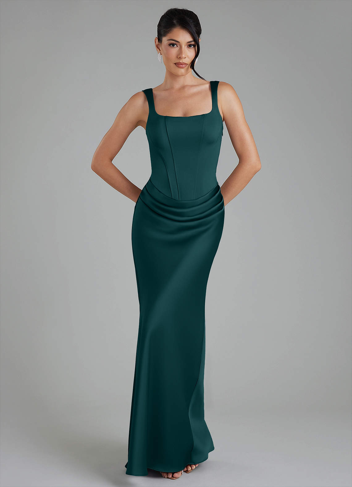 Etta Mermaid Square-Neck Stretch Satin Bridesmaid Dress in Pine