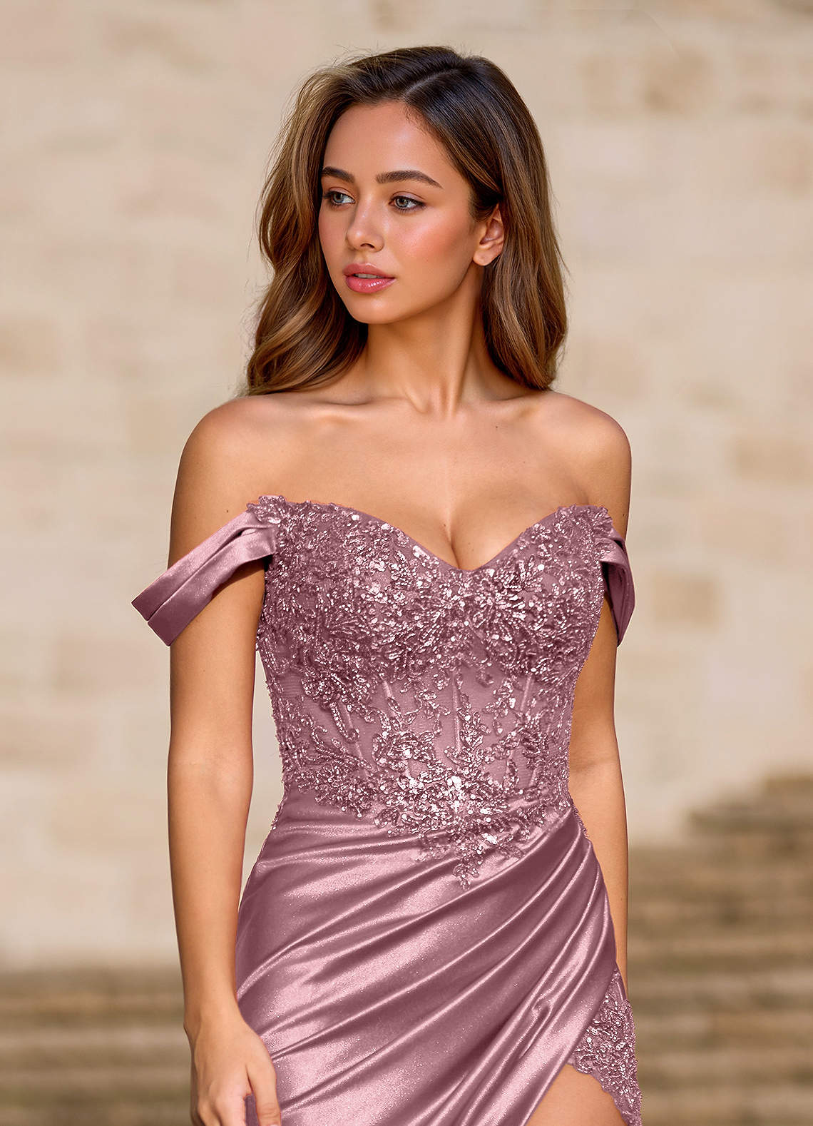 Opulence Mermaid Off-the-Shoulder Satin Evening Dress in Dusty Pink