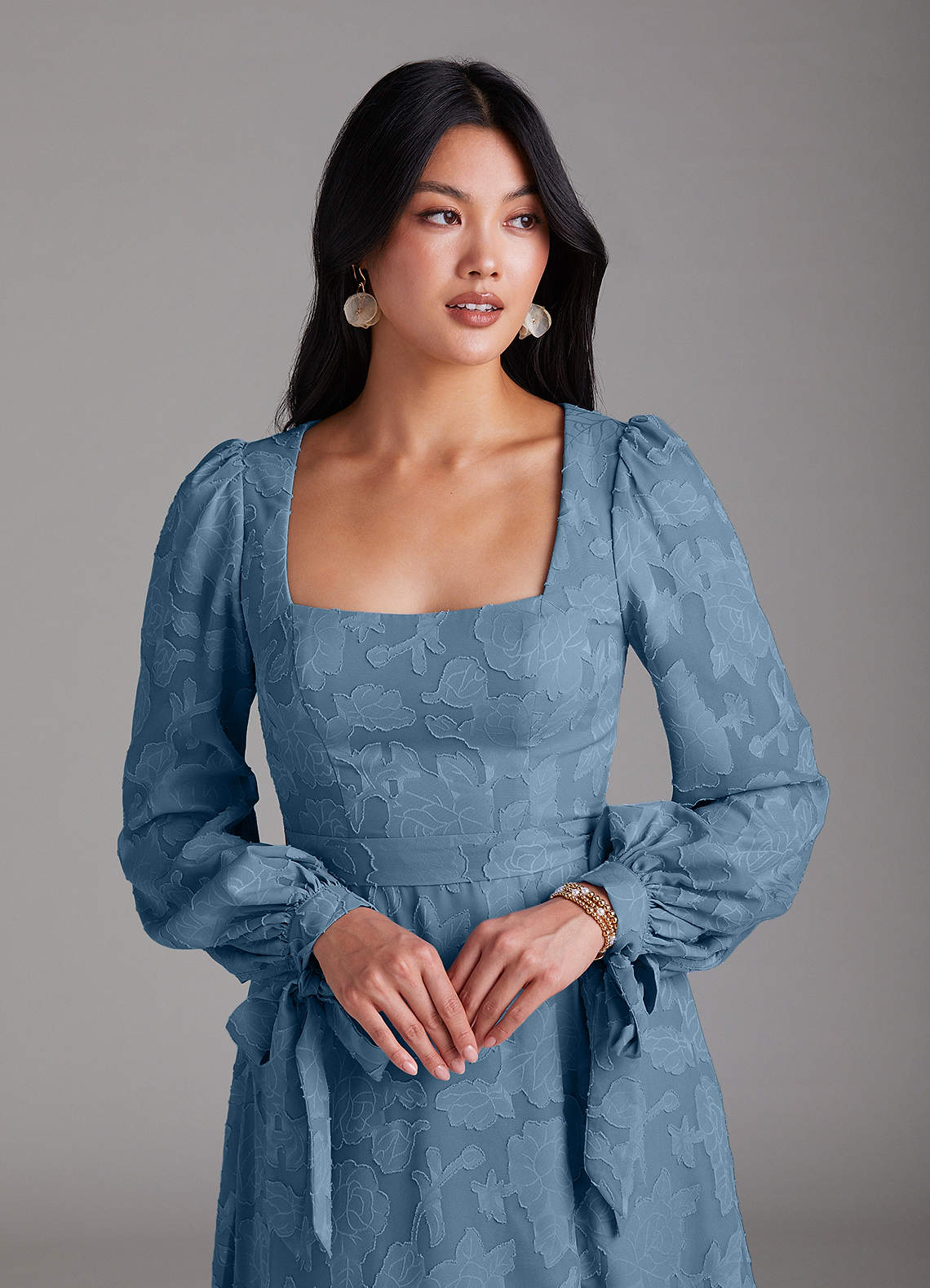 Leonia A-Line Square-Neck Stretch Satin Bridesmaid Dress in Steel Blue